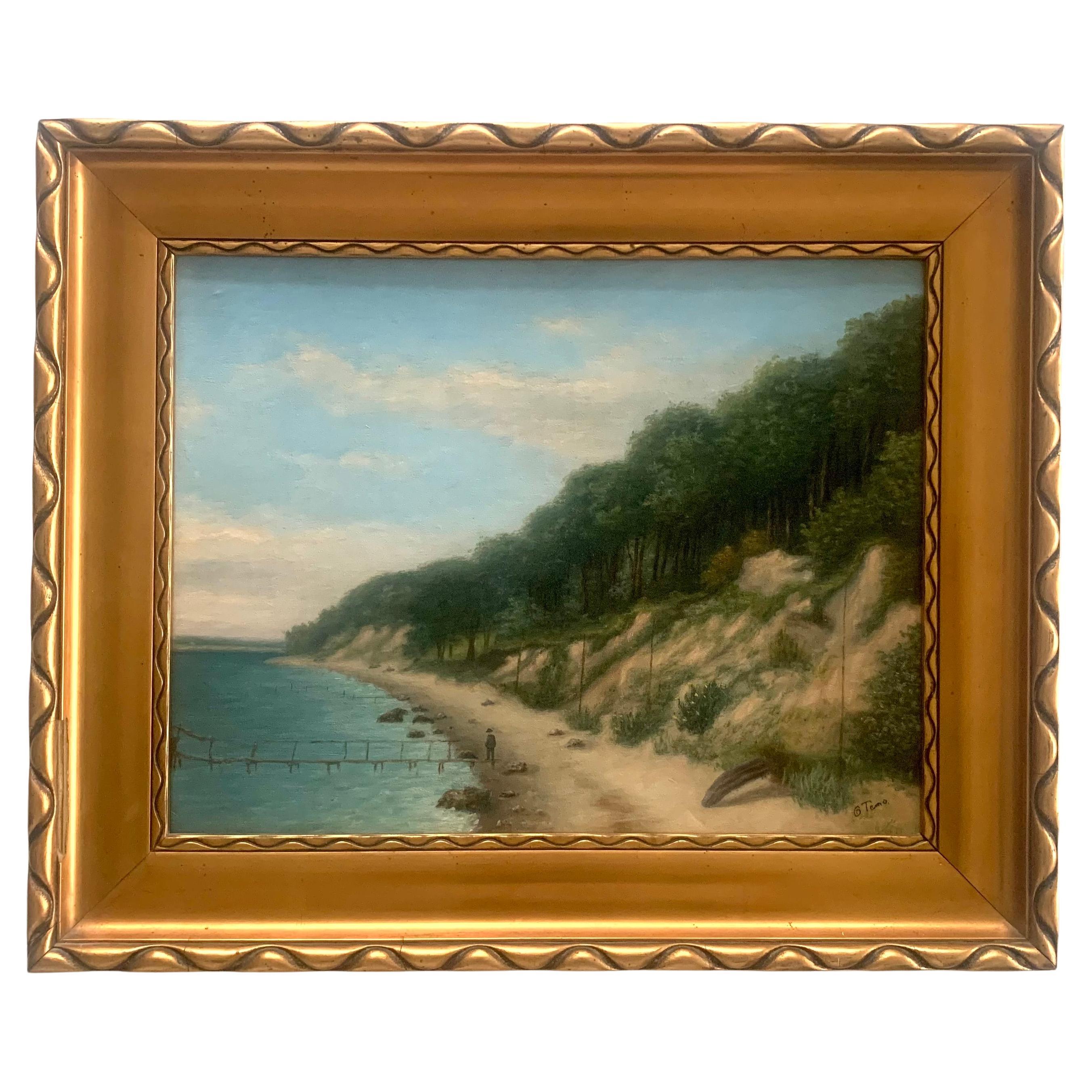 Mitte des Jahrhunderts skandinavische Küstenlandschaft Ölgemälde im Angebot