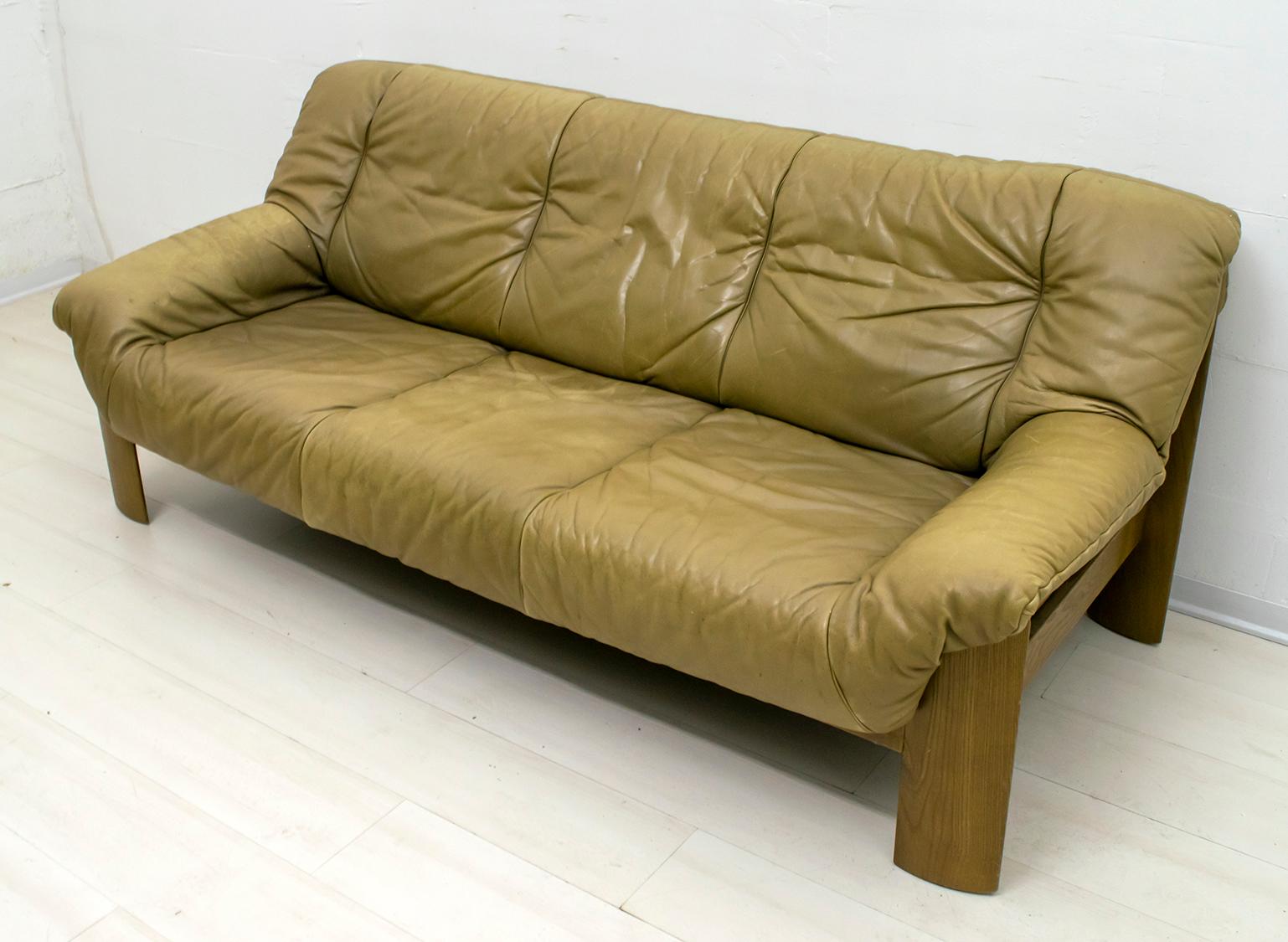 Mid-Century Modern Midcentury Scandinavian Cognac Brown Leather and Oak Tree 3-Seat Sofa, 1970