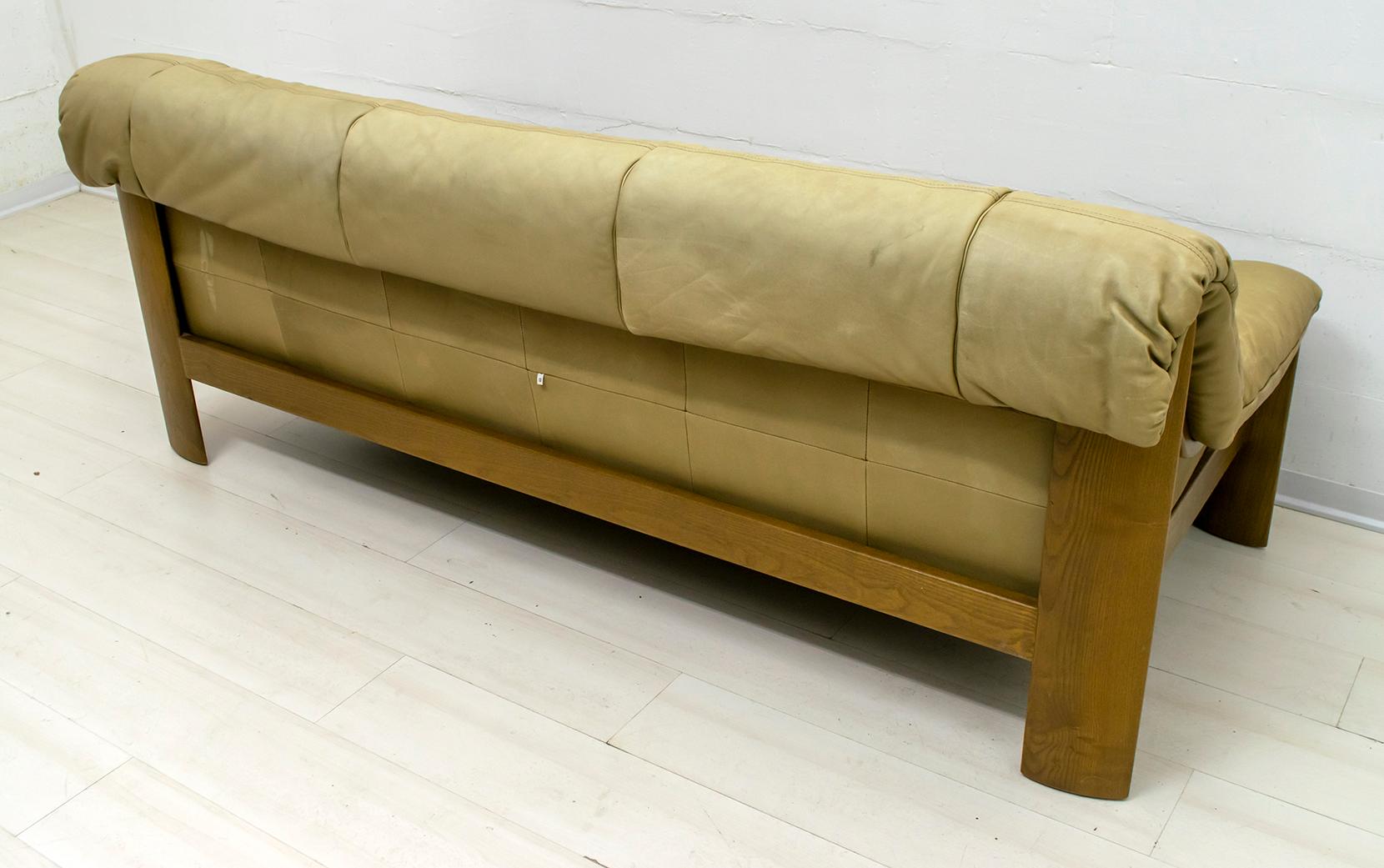 Midcentury Scandinavian Cognac Brown Leather and Oak Tree 3-Seat Sofa, 1970 4