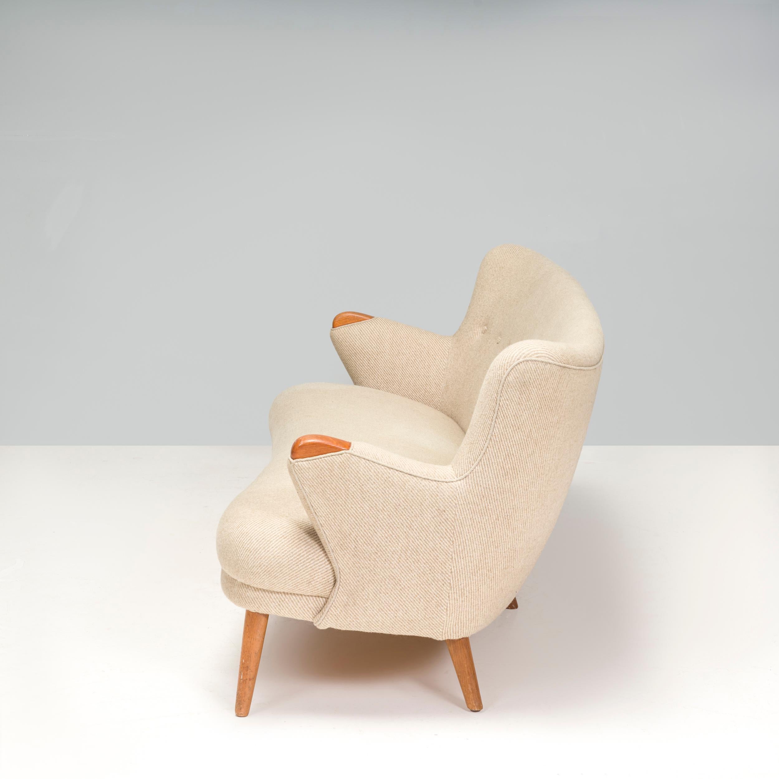 Danish Mid Century Scandinavian Curved Beige & Teak Three Seater Sofa  For Sale