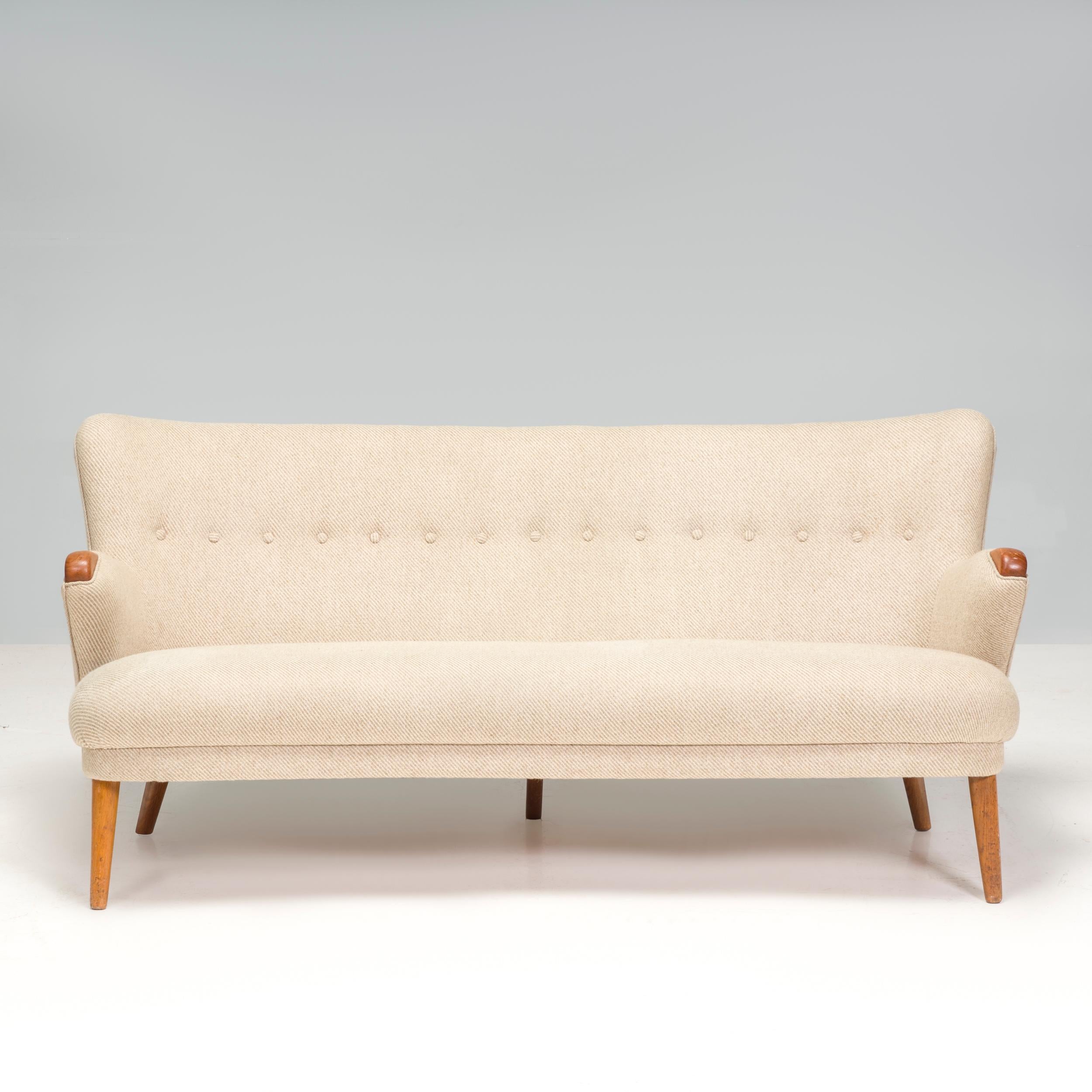 20th Century Mid Century Scandinavian Curved Beige & Teak Three Seater Sofa  For Sale
