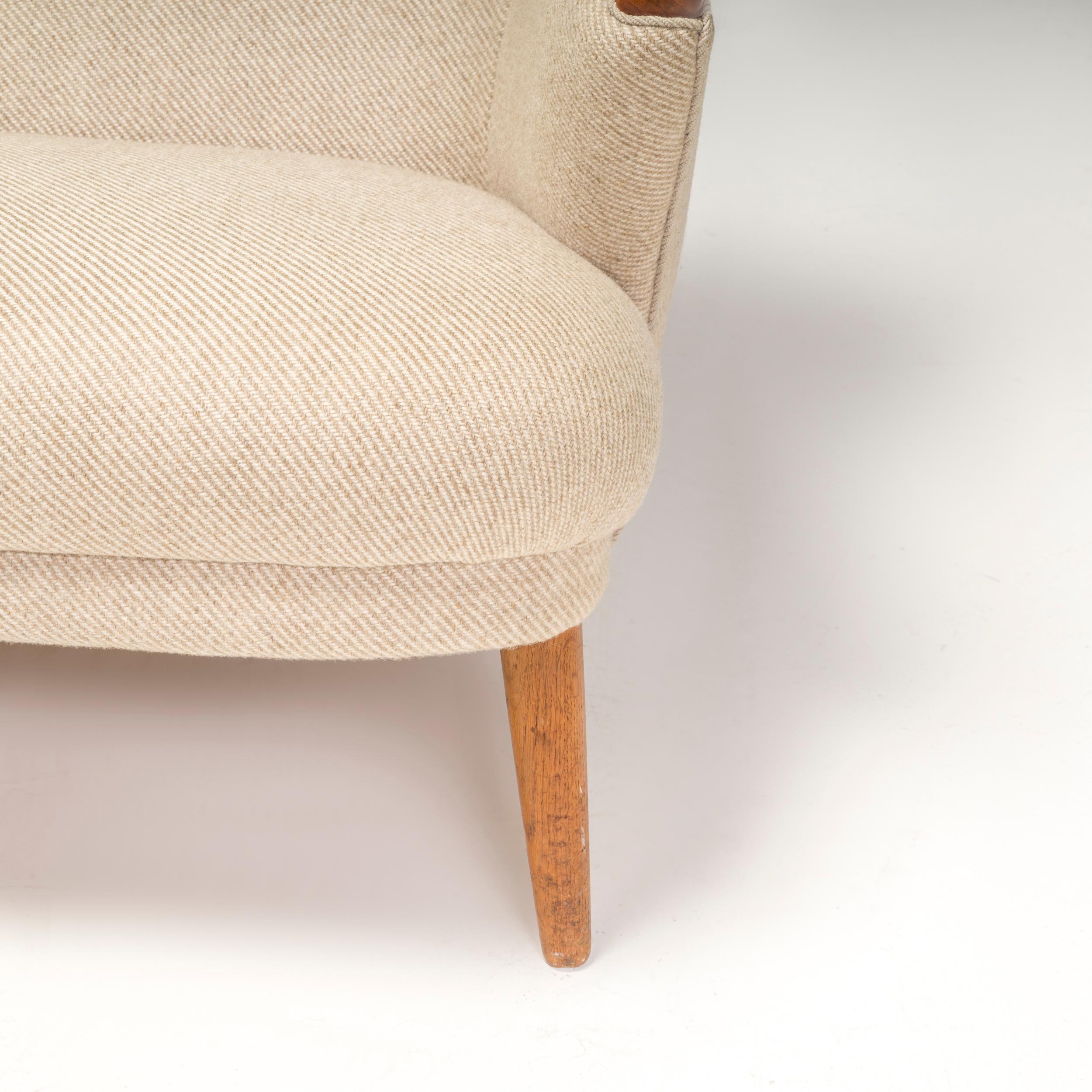Mid Century Scandinavian Curved Beige & Teak Three Seater Sofa 1
