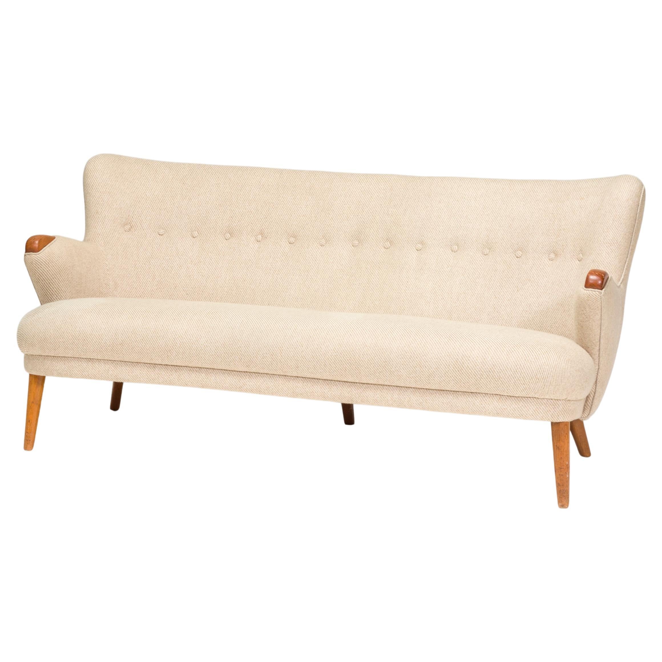 Mid Century Scandinavian Curved Beige & Teak Three Seater Sofa  For Sale