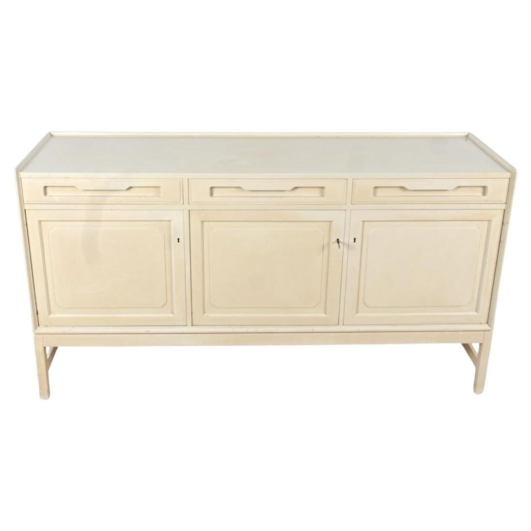 Woodwork Mid century Scandinavian Danish 3 door painted credenza with Key For Sale