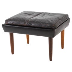 Mid Century Scandinavian Danish Modern Black leather Ottoman or stool
