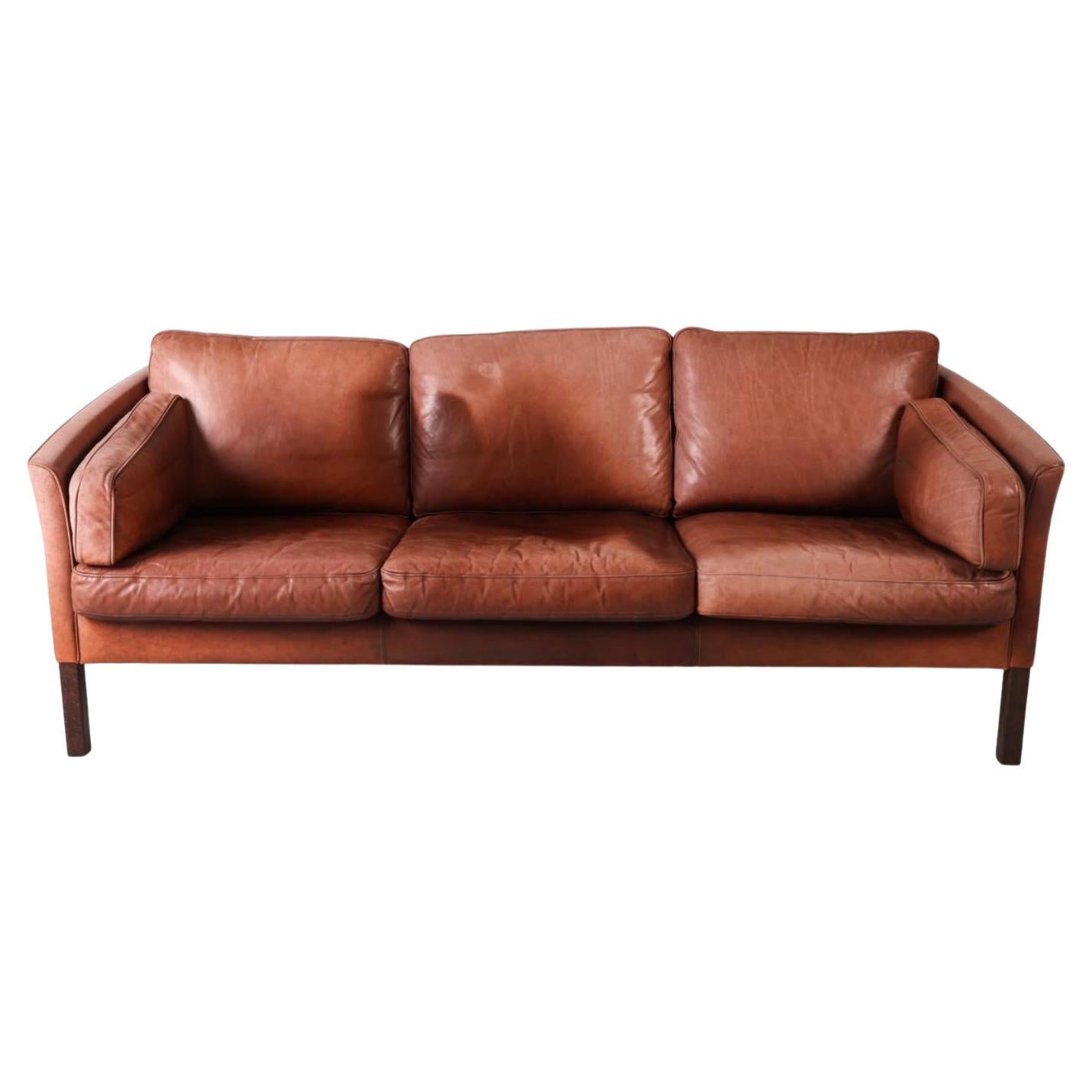 Mid Century Scandinavian Danish Modern Brown Faded Leather sofa