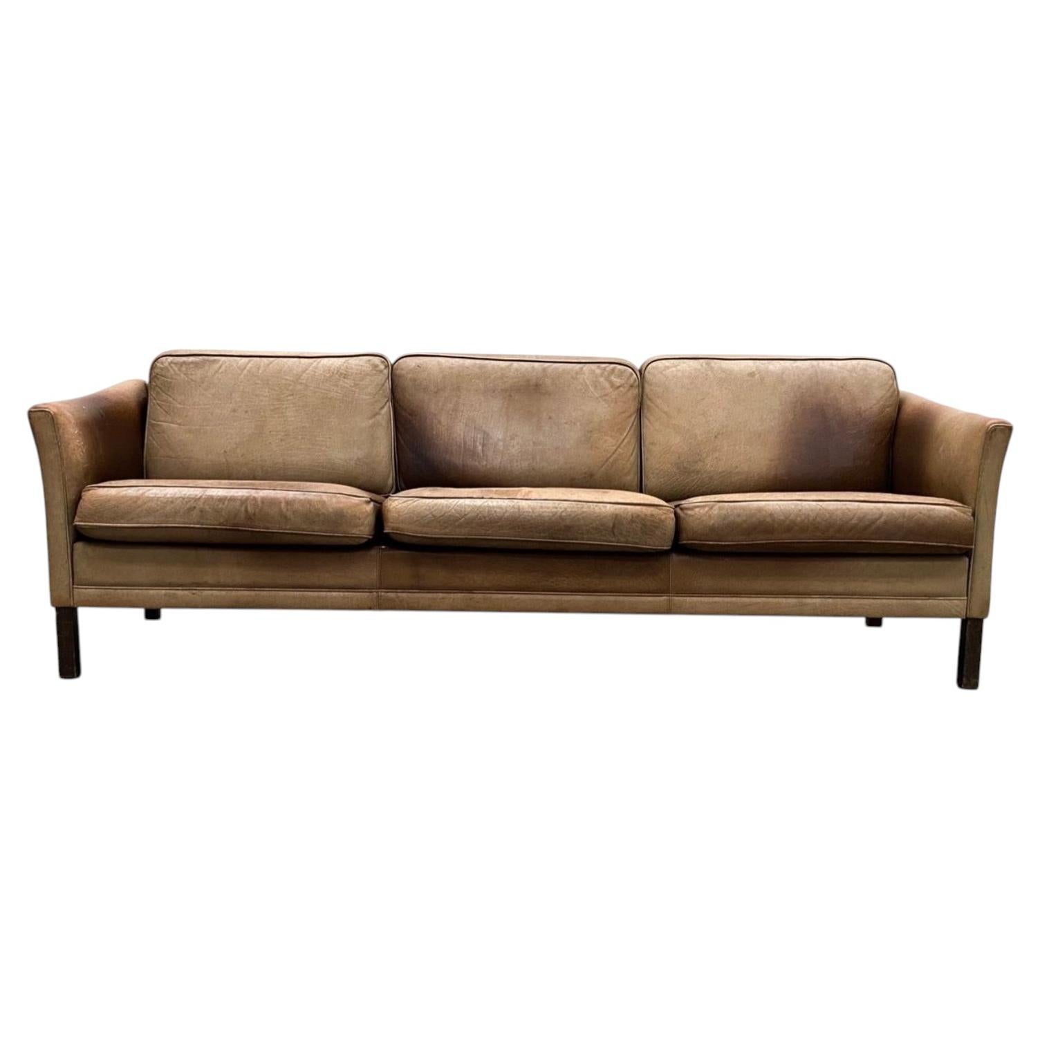 Mid Century Scandinavian Danish Modern Brown Faded Leather sofa with Patina