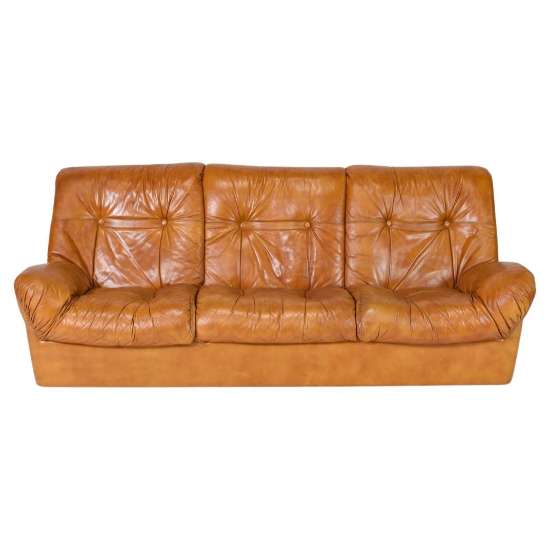 Mid Century Scandinavian Danish modern Tan Leather 3 seat Puffy Sofa  For Sale