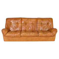 Mid Century Scandinavian Danish modern Tan Leather 3 seat Puffy Sofa 