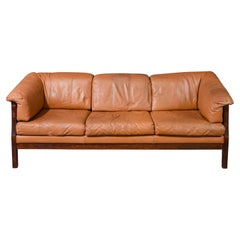 Mid Century Scandinavian Danish modern Tan Leather 3 seat Sofa 