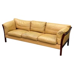 Mid Century Scandinavian Danish Modern yellow Faded Puffy Leather sofa Patina