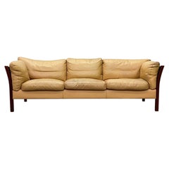 Mid Century Scandinavian Danish Modern yellow Faded Puffy Leather sofa Patina
