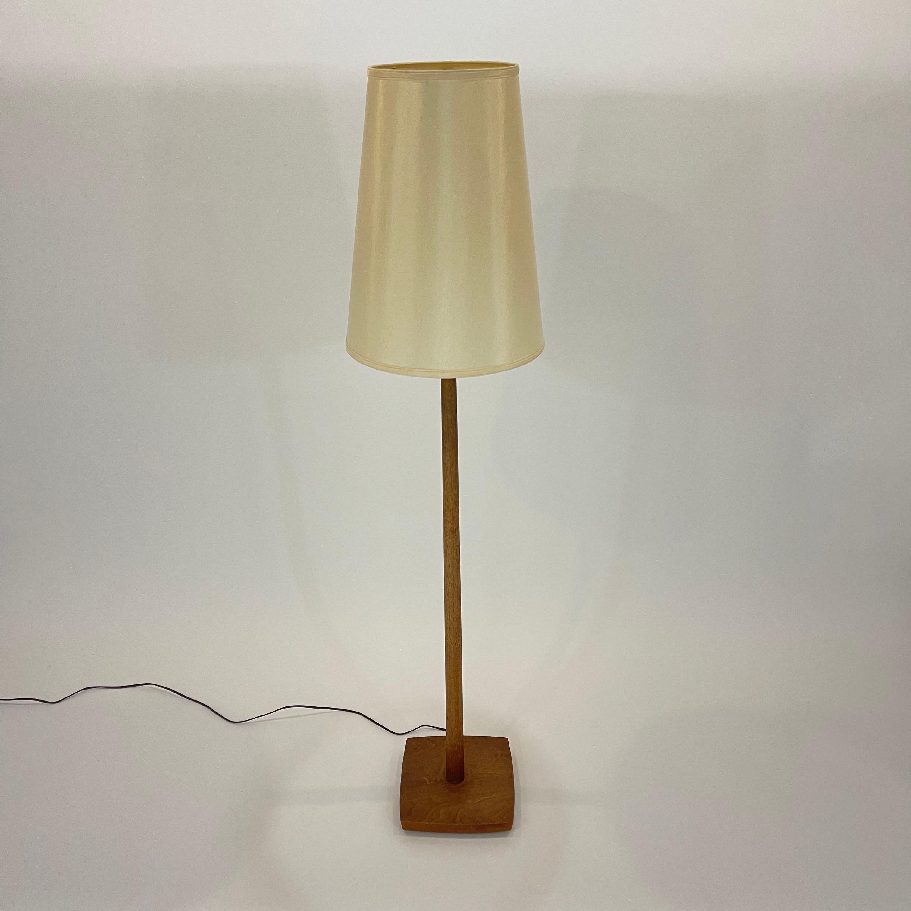 Turned Mid Century Scandinavian Designer Swedish Teak, Fabric Floor Lamp, Sweden, 1960s For Sale