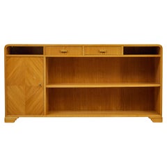 Mid century Scandinavian elm low open bookcase sideboard