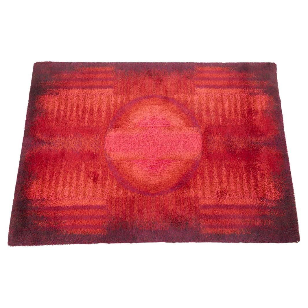 Mid Century Scandinavian High Pile Red Rya Rug For Sale at 1stDibs