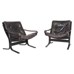 Midcentury Scandinavian Lounge Chairs in Patinated Leather by Ingmar Relling