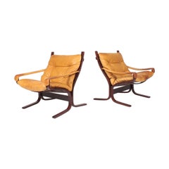 Midcentury Scandinavian Lounge Chairs in Patinated Leather by Ingmar Relling