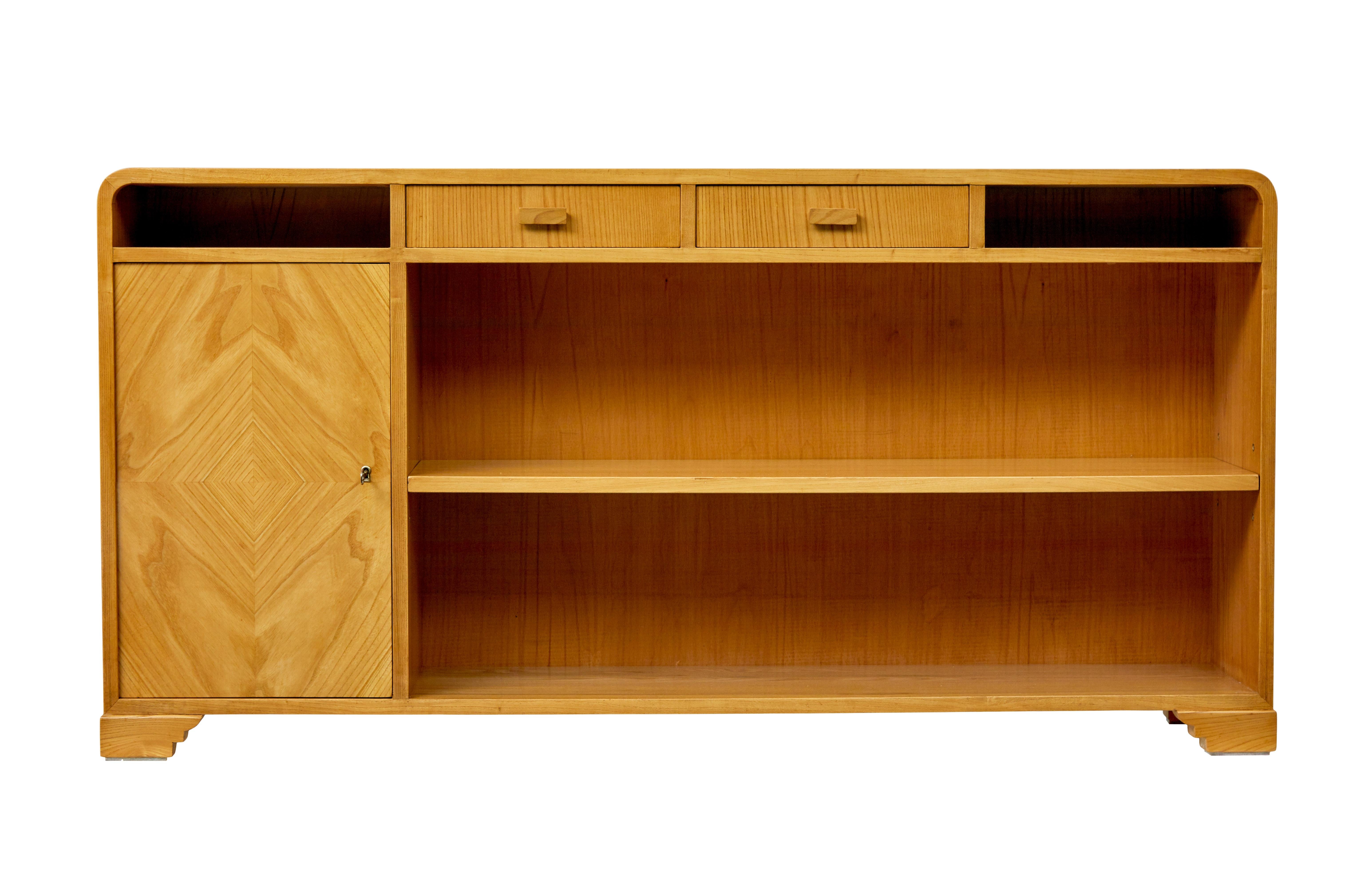 Hand-Carved Mid century Scandinavian low open bookcase in elm