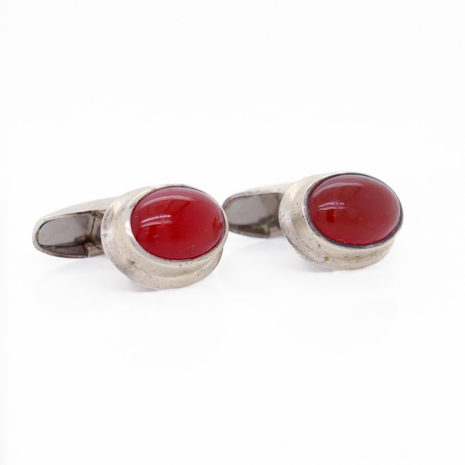 Manschettenknöpfe aus 830er Silber und Karneol-Cabochon, Skandinavische Moderne der Mitte des Jahrhunderts im Angebot 4