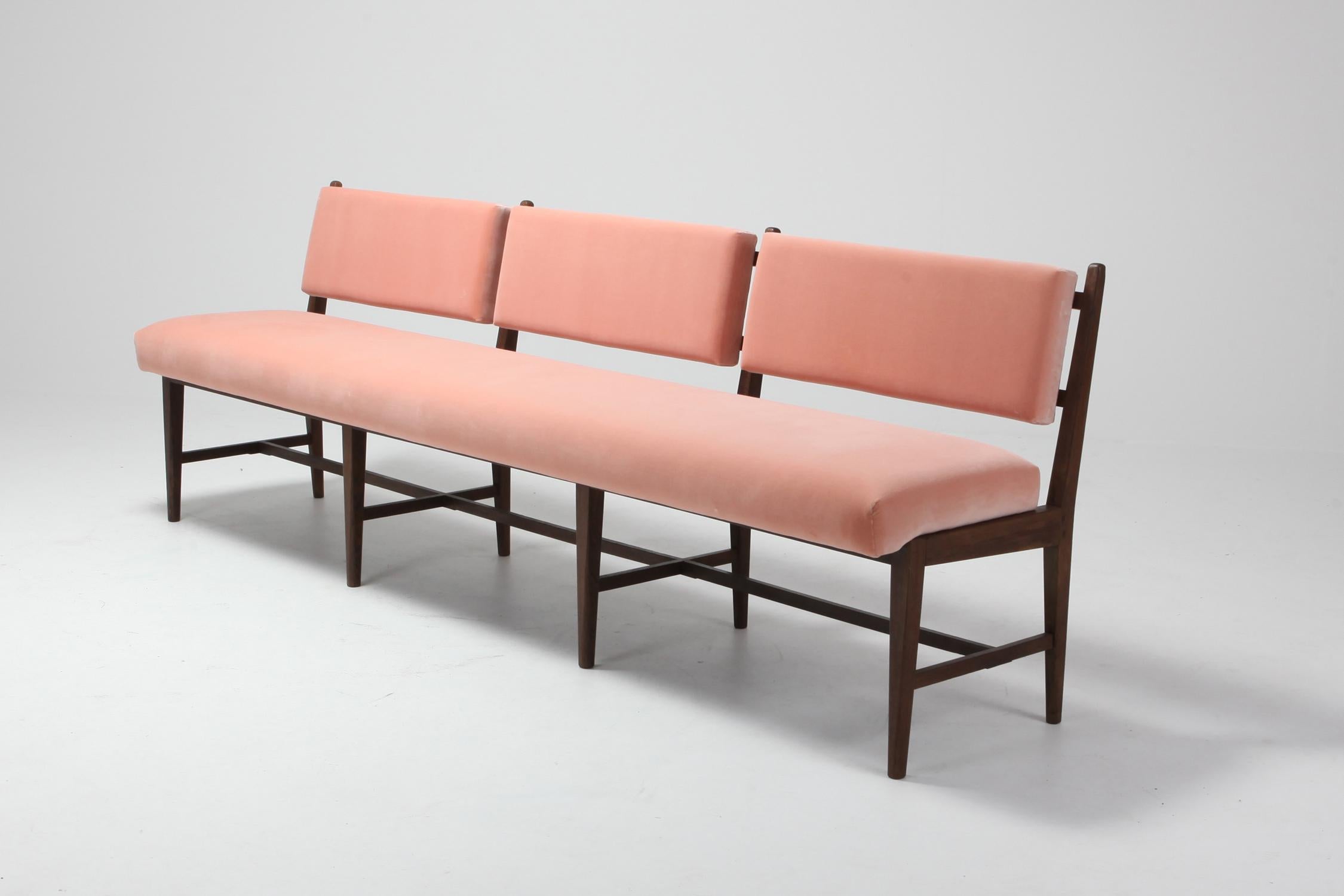 European Midcentury Scandinavian Modern Bench in Pink Velvet and Wenge