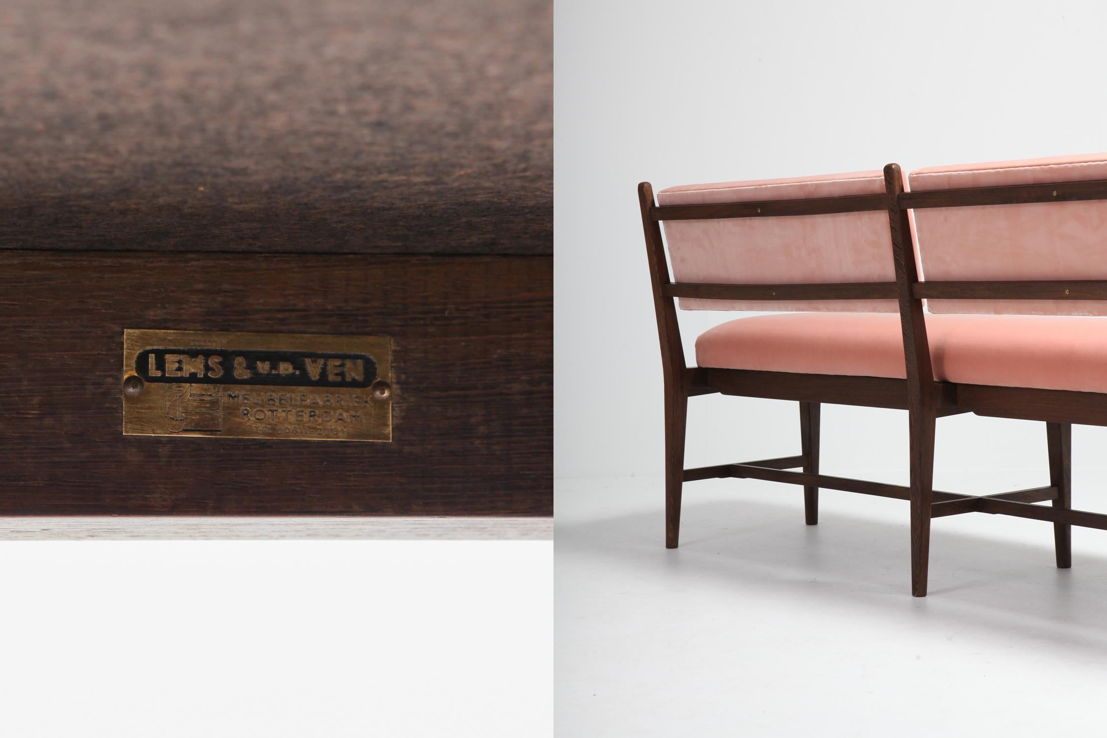 Midcentury Scandinavian Modern Bench in Pink Velvet and Wenge 2