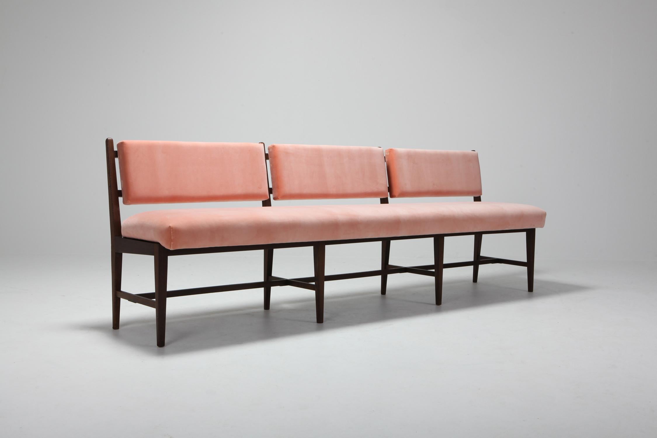 Midcentury Scandinavian Modern Bench in Pink Velvet and Wenge 3