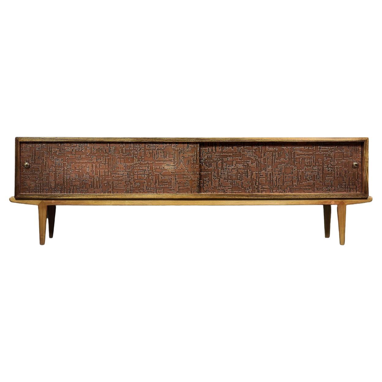 Mid-Century Scandinavian Modern Birch Sideboard with Copper Relief on the Front For Sale