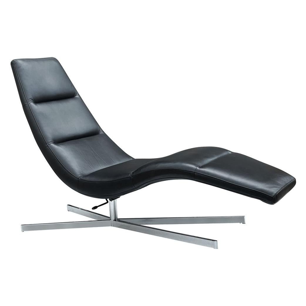 Mid Century Scandinavian Modern Black Leather & Chrome Base Chaise Lounge Chair