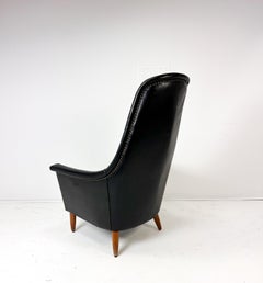 Mid-Century Scandinavian Modern Black Leather High-Back Lounge Chair