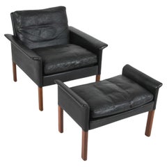 Mid century Scandinavian modern black leather lounge chair ottoman by Hans Olsen