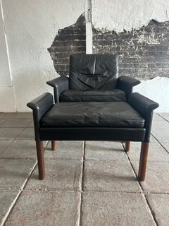Mid century Scandinavian modern black leather lounge chair ottoman Hans Olsen