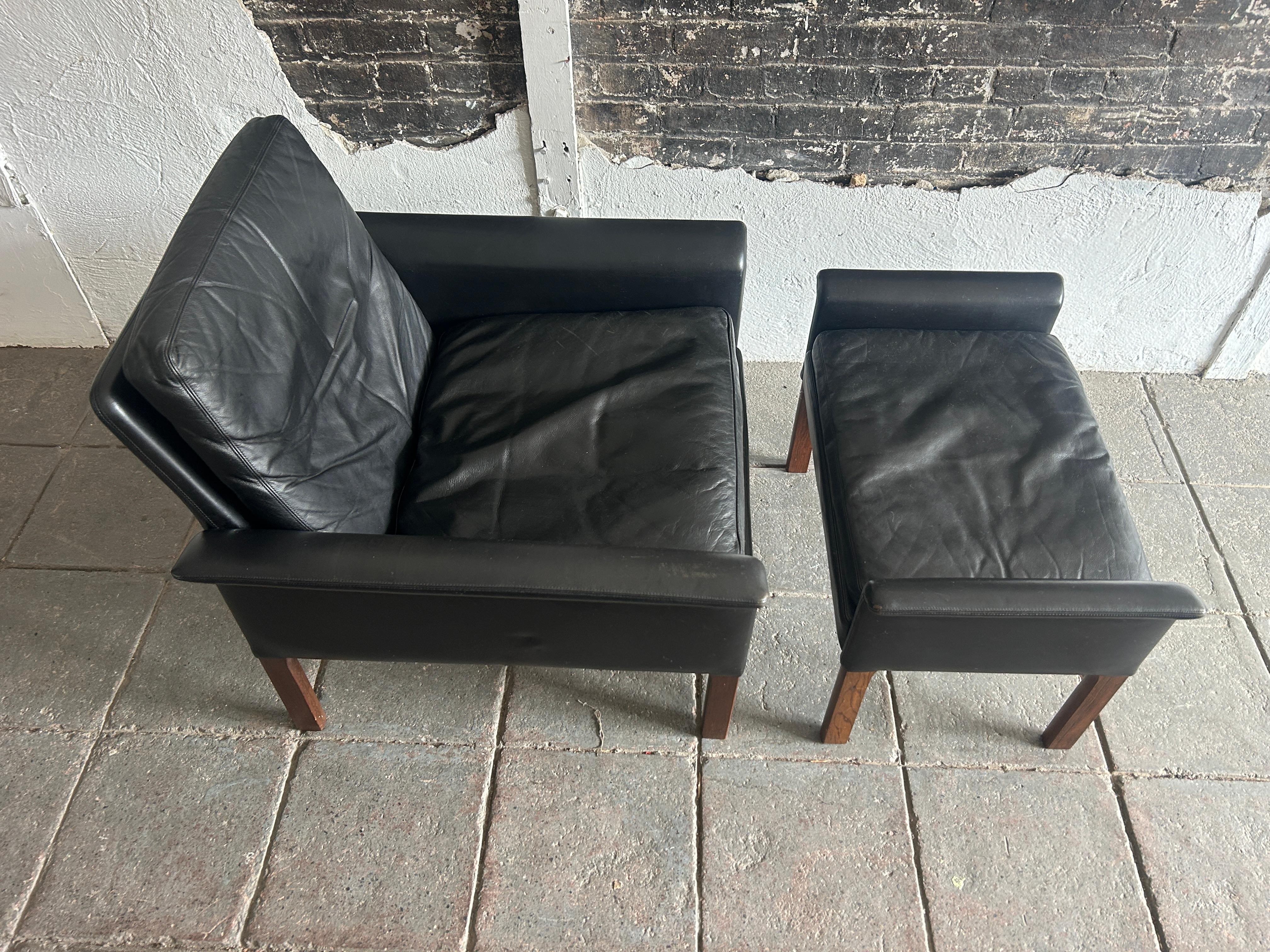 Danish Mid century Scandinavian modern black leather lounge chair ottoman Hans Olsen For Sale