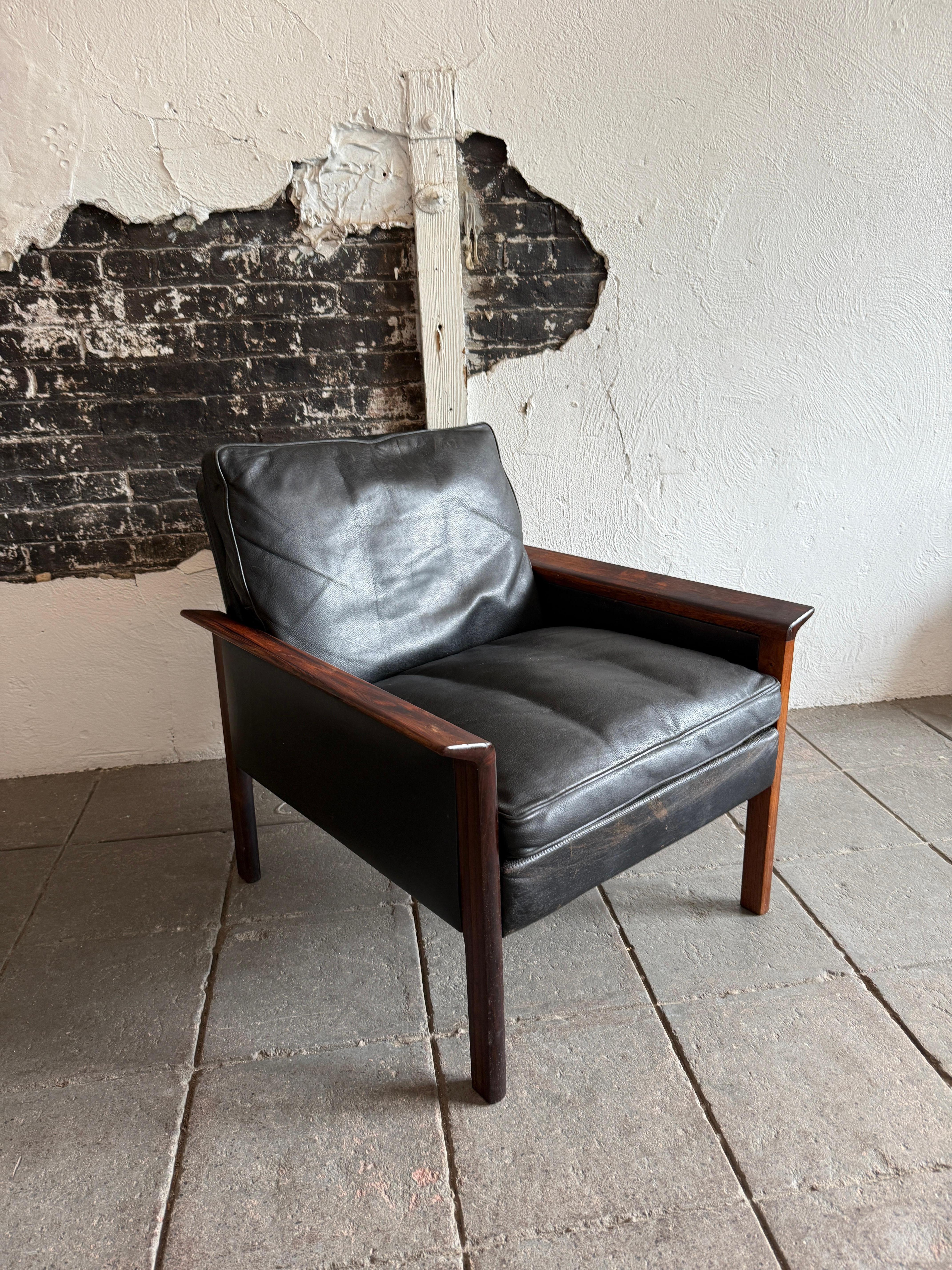 Danish Mid century Scandinavian modern black leather rosewood lounge chair Hans Olsen