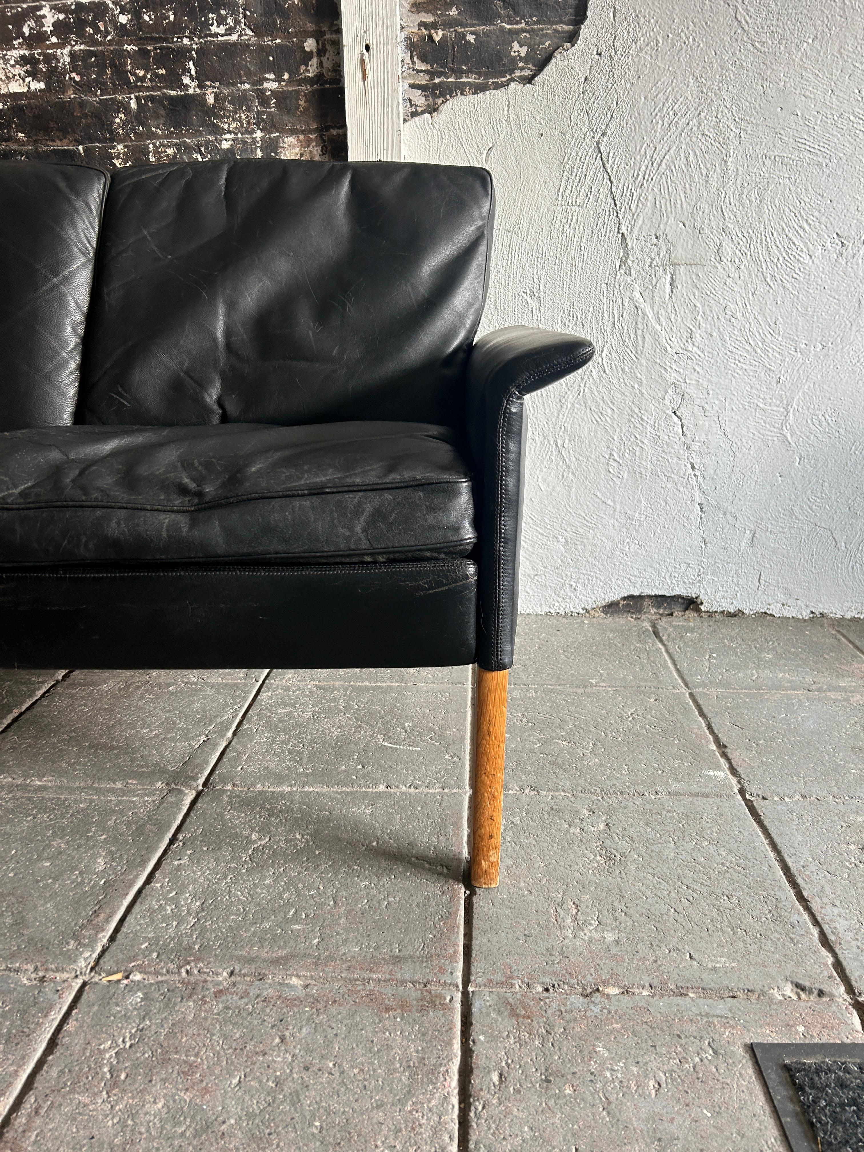 Danish Mid century Scandinavian modern black leather sofa 3 seat Hans Olsen For Sale