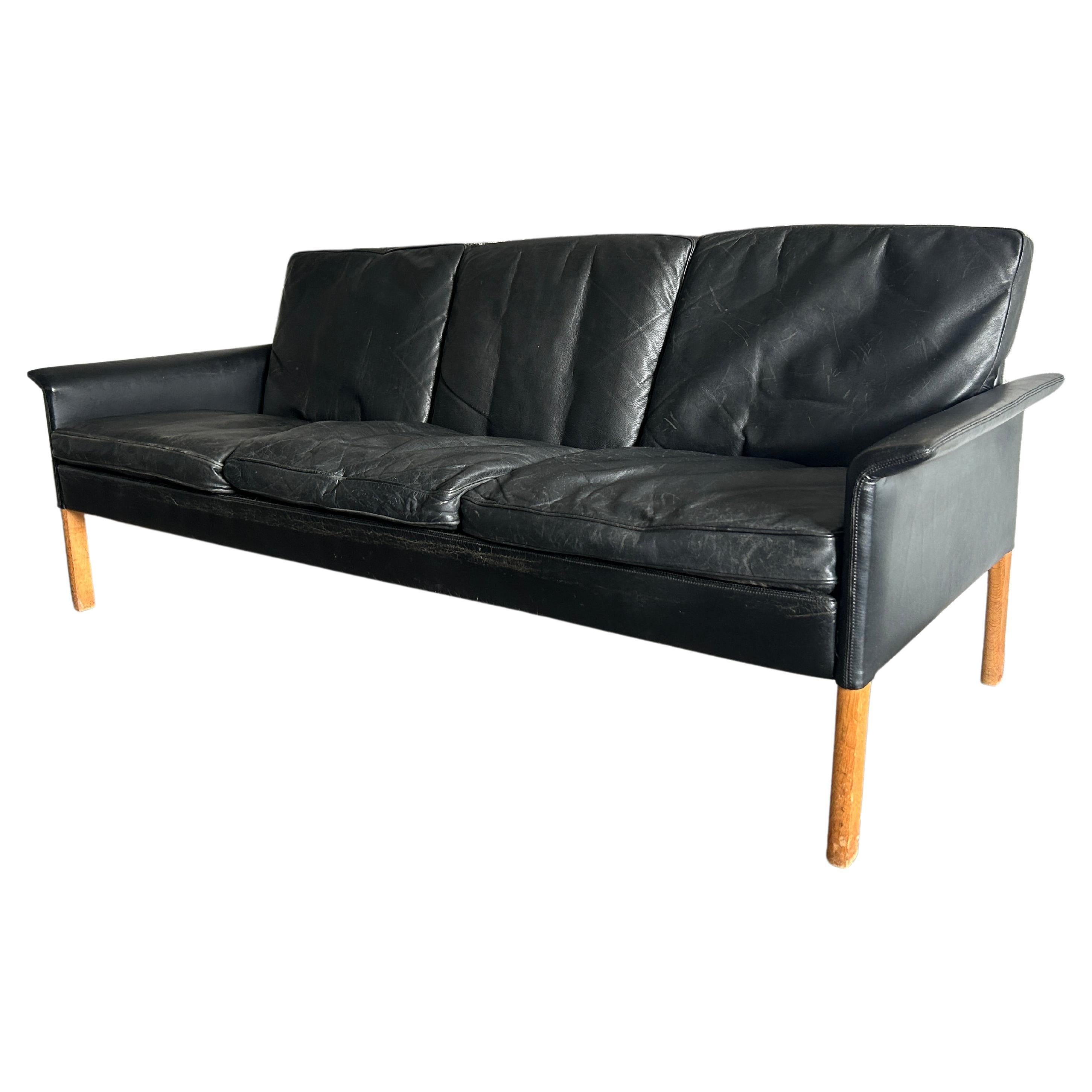 Mid century Scandinavian modern black leather sofa 3 seat Hans Olsen For Sale
