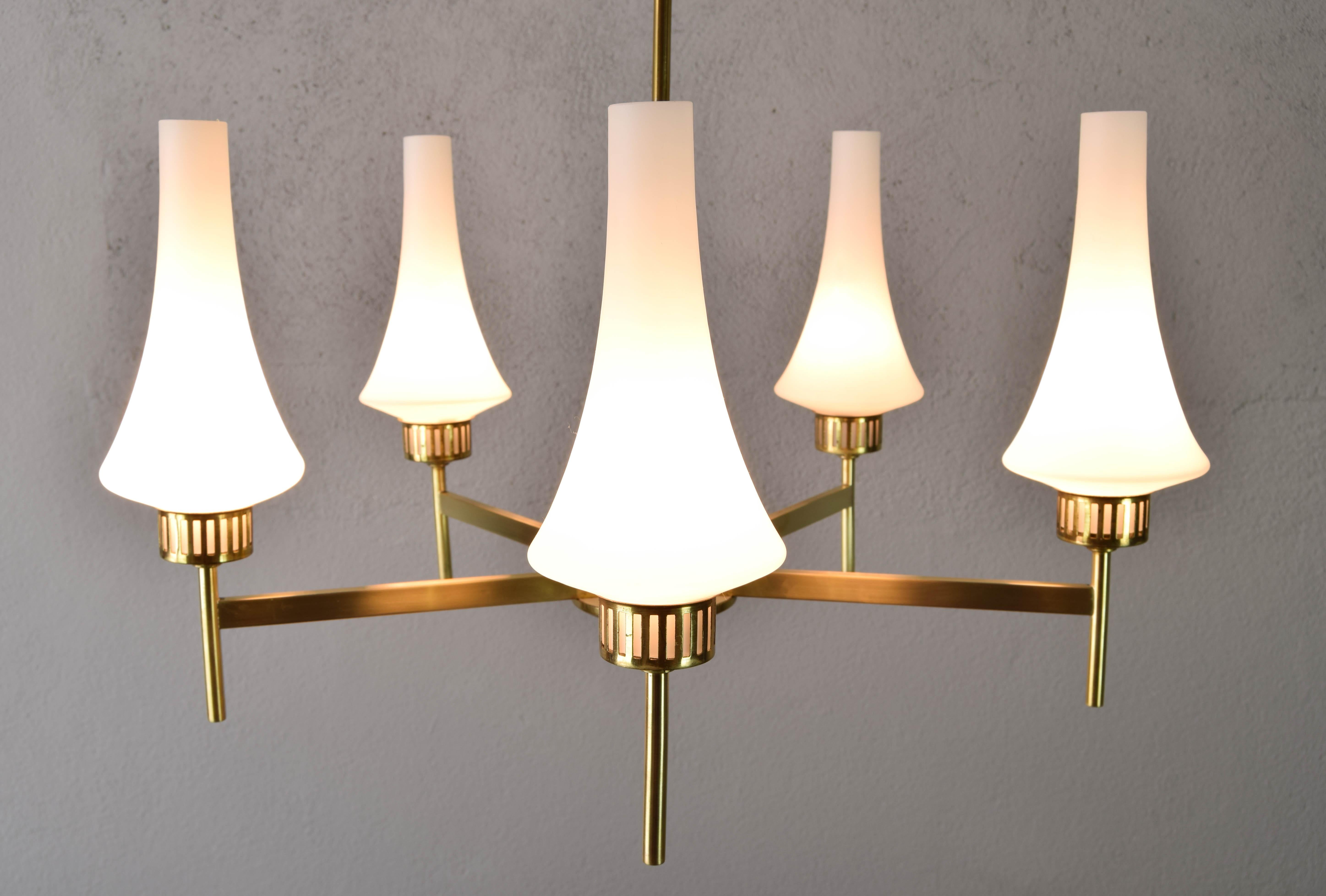 Mid-Century Scandinavian Modern Brass and Opaline Table Lamps and Chandelier  For Sale 5