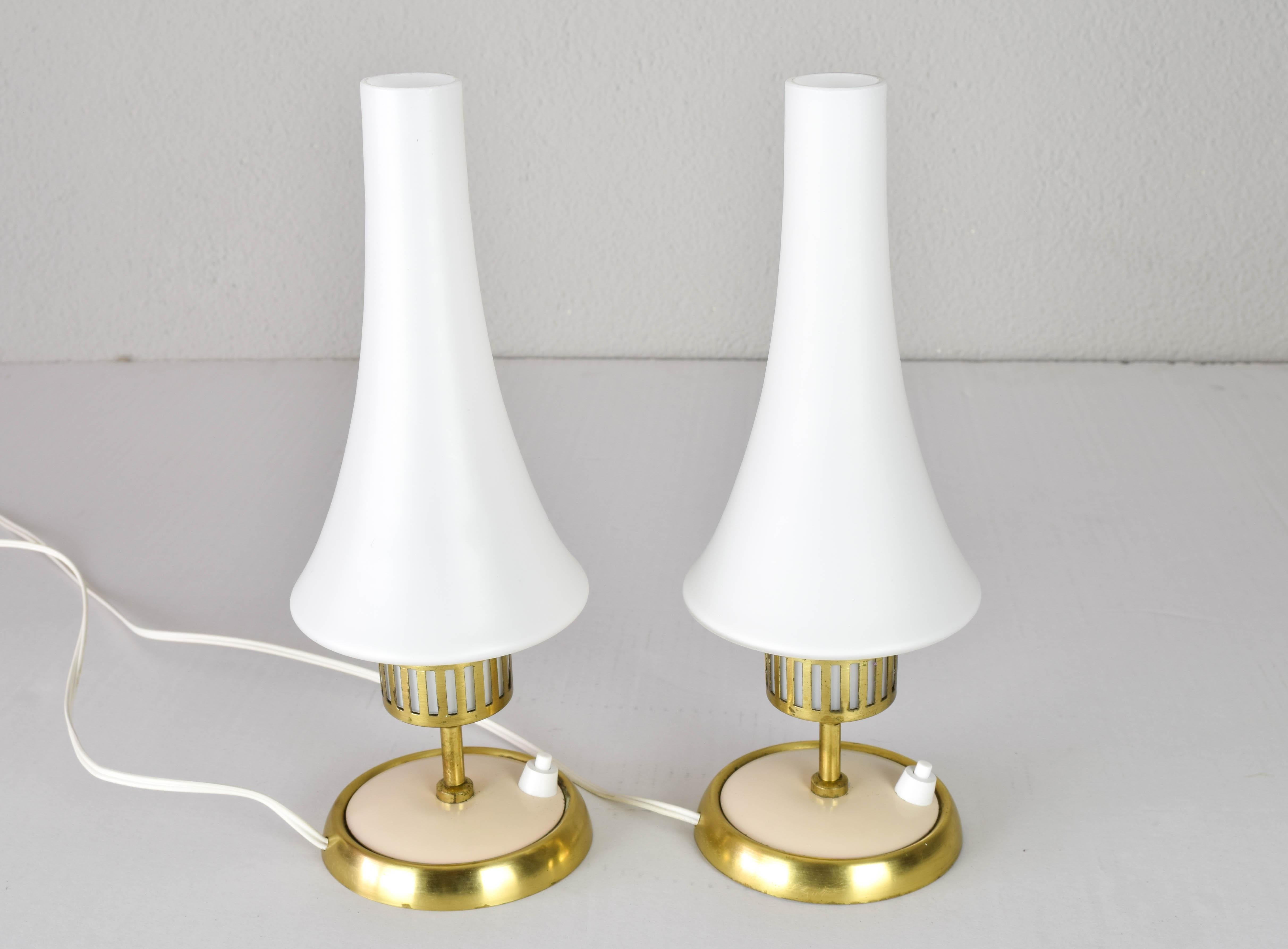 Mid-Century Scandinavian Modern Brass and Opaline Table Lamps and Chandelier  For Sale 8