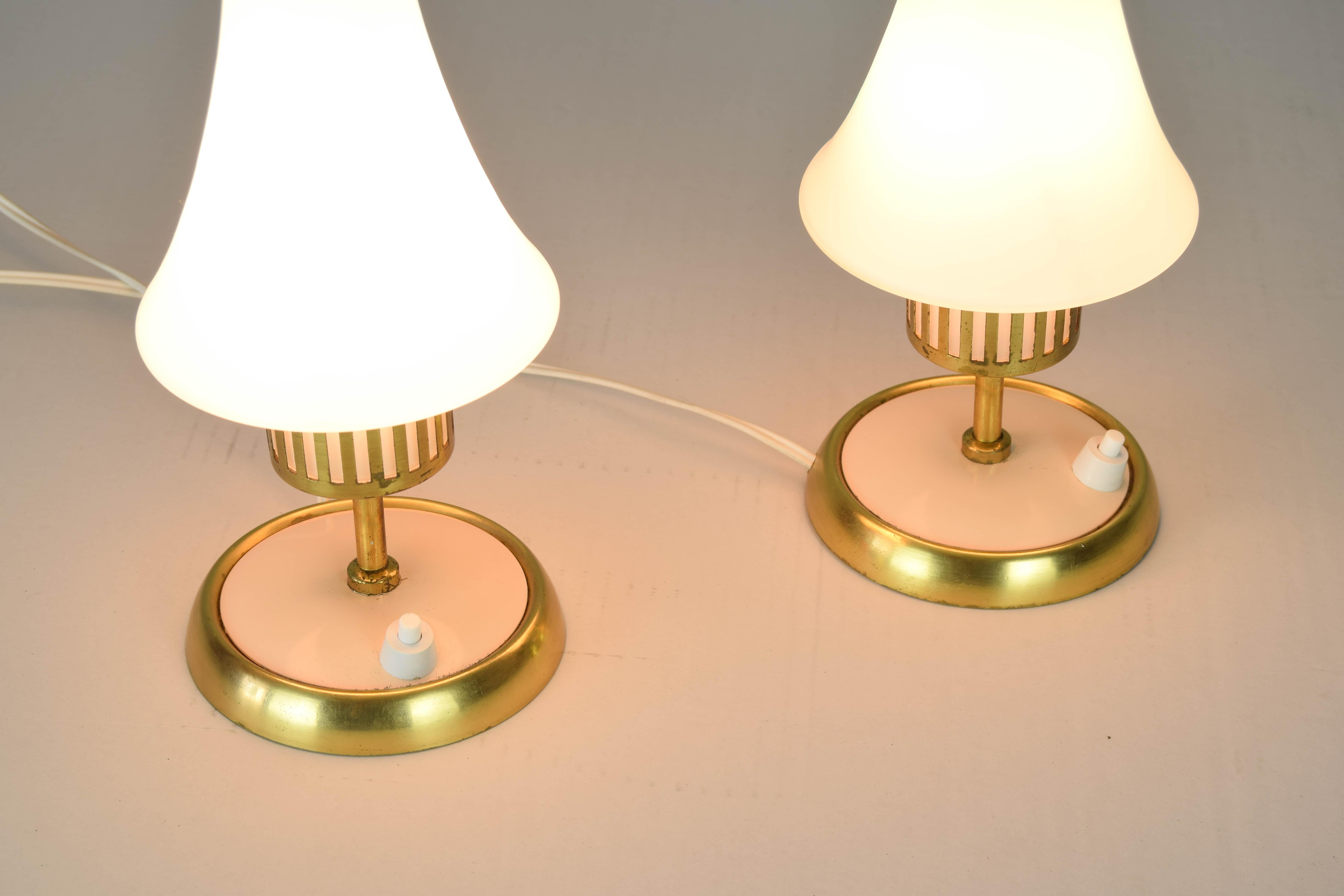 Mid-Century Scandinavian Modern Brass and Opaline Table Lamps and Chandelier  For Sale 10