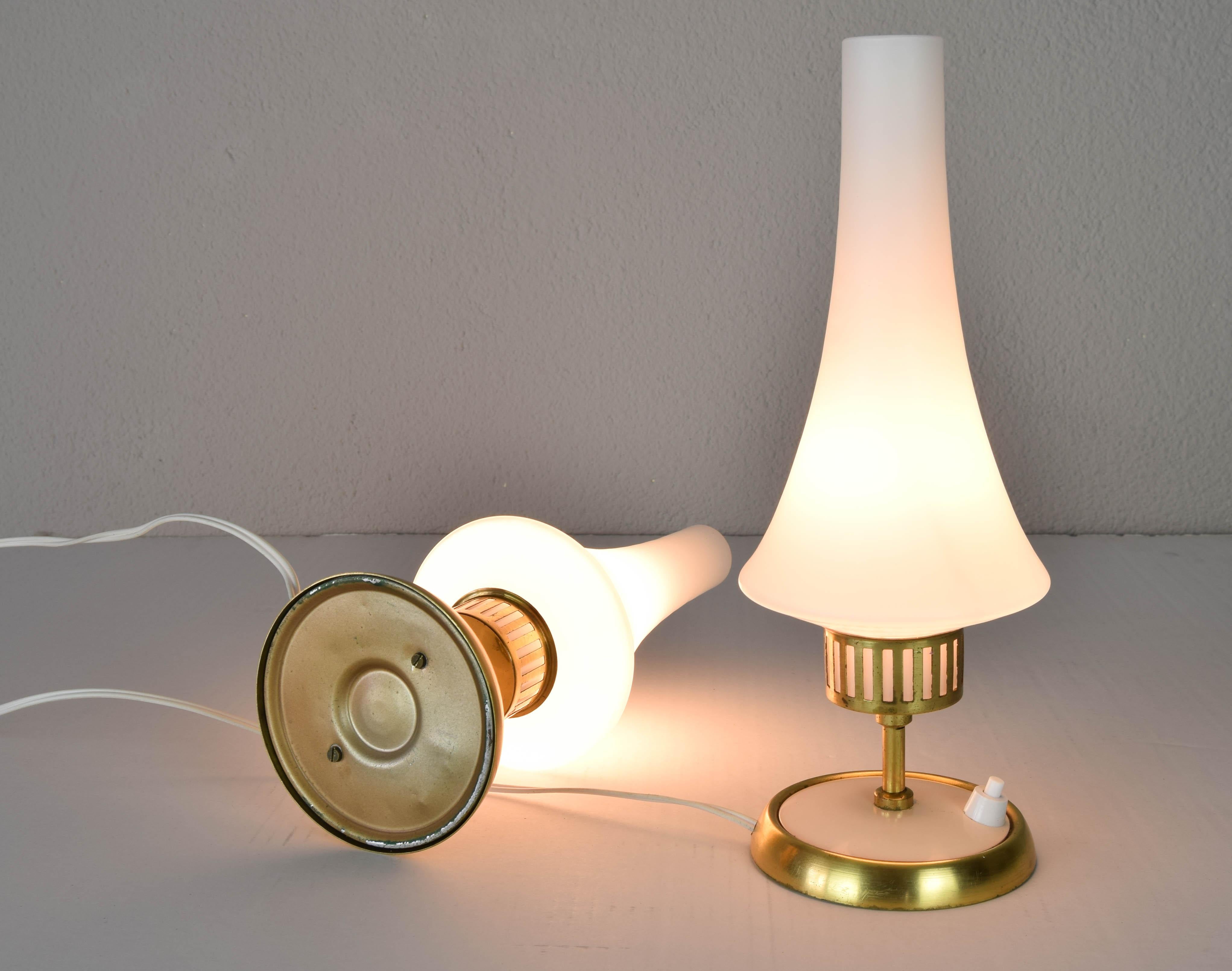 Mid-Century Scandinavian Modern Brass and Opaline Table Lamps and Chandelier  For Sale 11
