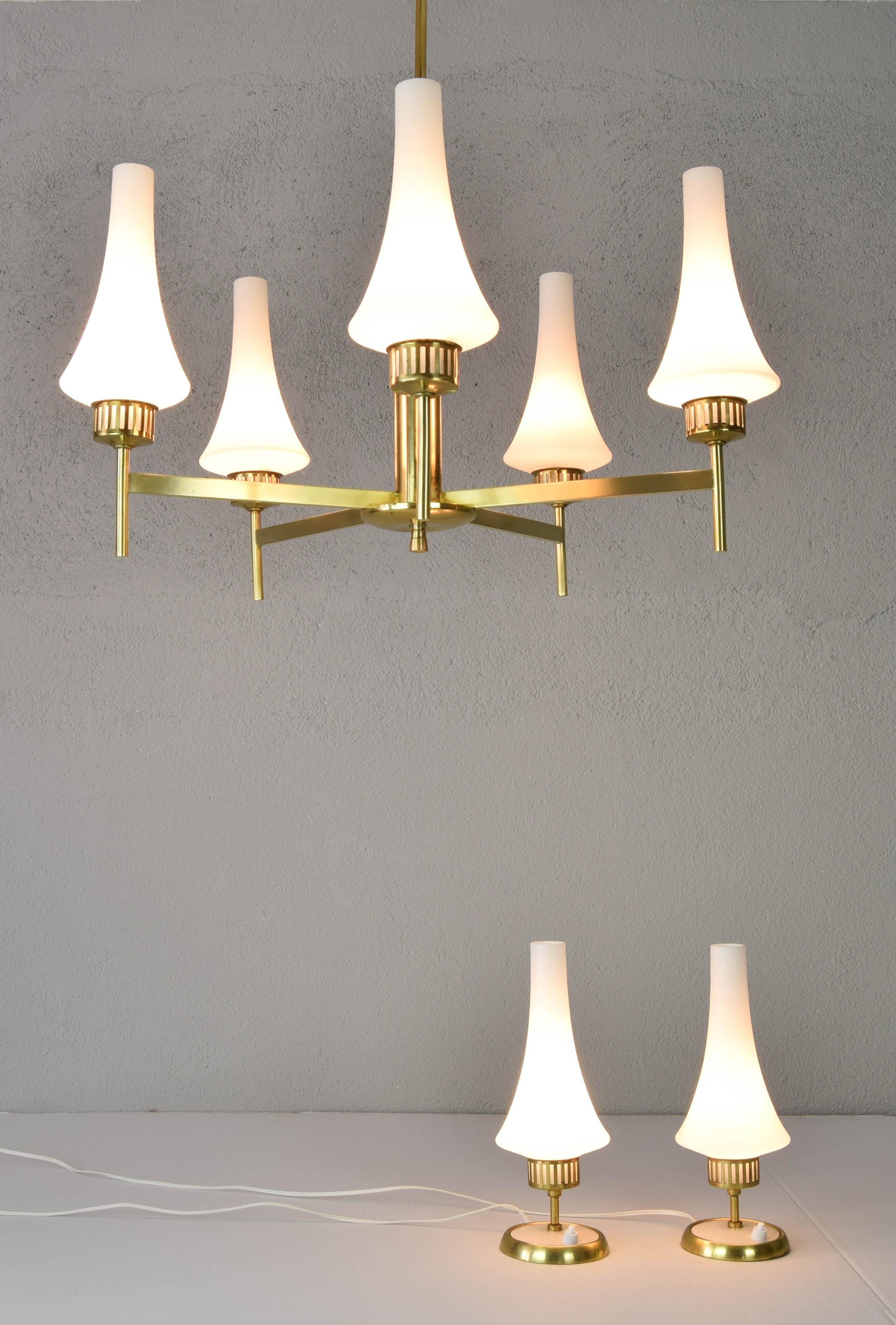 Mid-Century Scandinavian Modern Brass and Opaline Table Lamps and Chandelier  For Sale 12