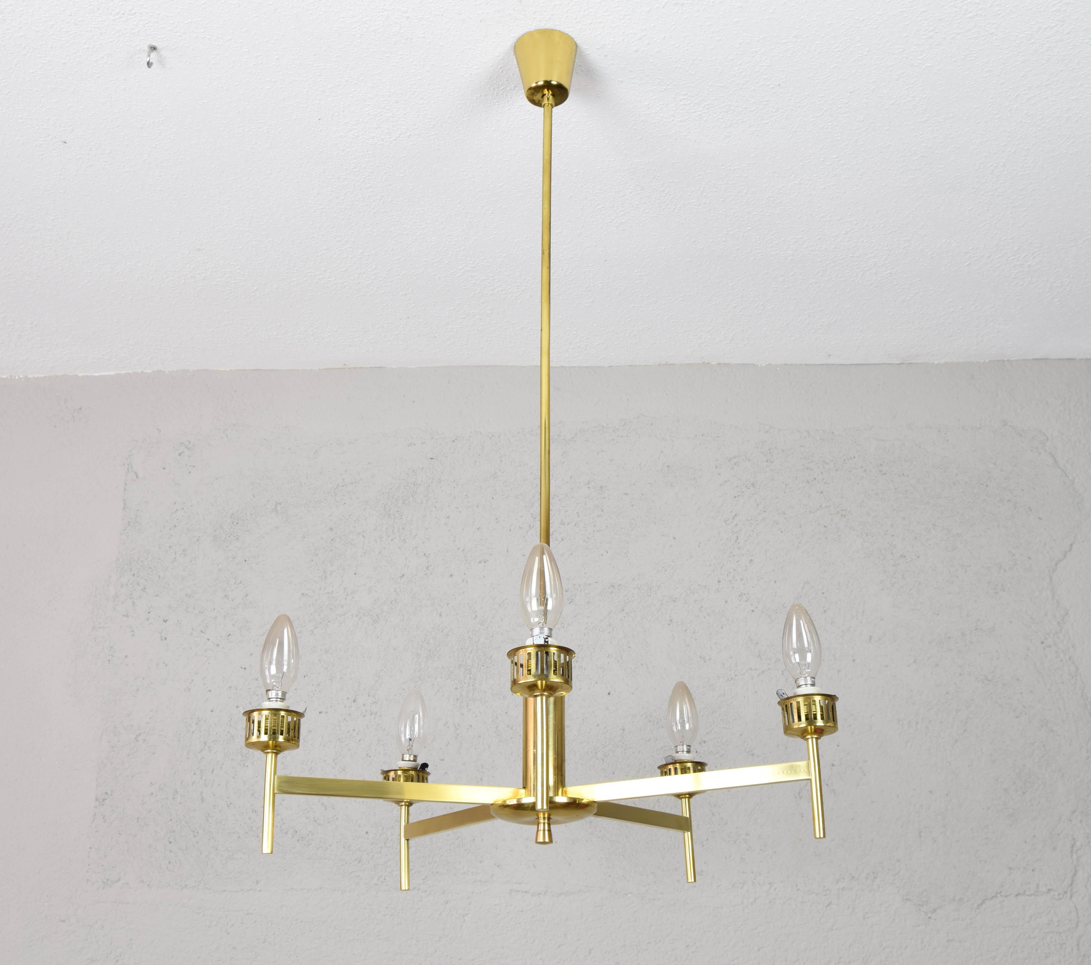 Mid-Century Scandinavian Modern Brass and Opaline Table Lamps and Chandelier  For Sale 14