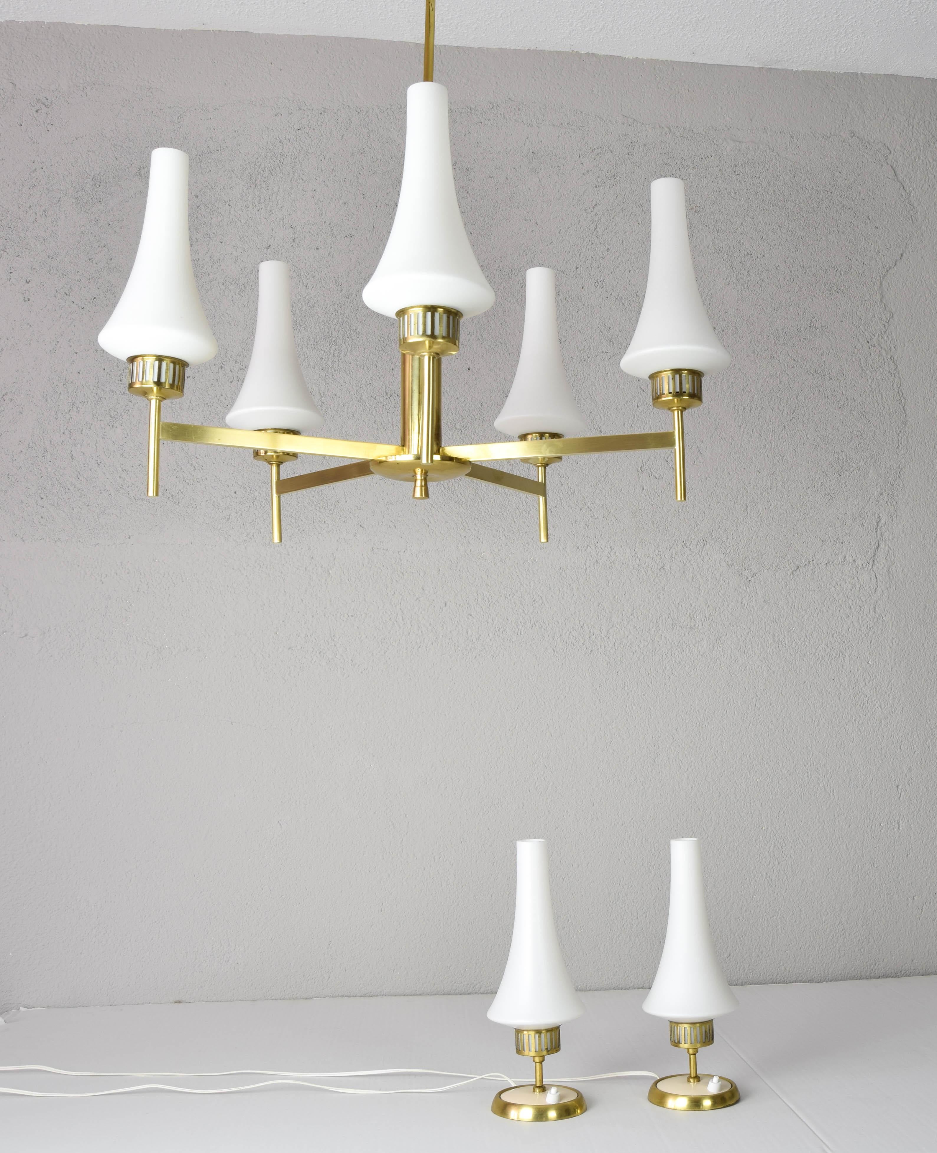 Swedish Mid-Century Scandinavian Modern Brass and Opaline Table Lamps and Chandelier  For Sale
