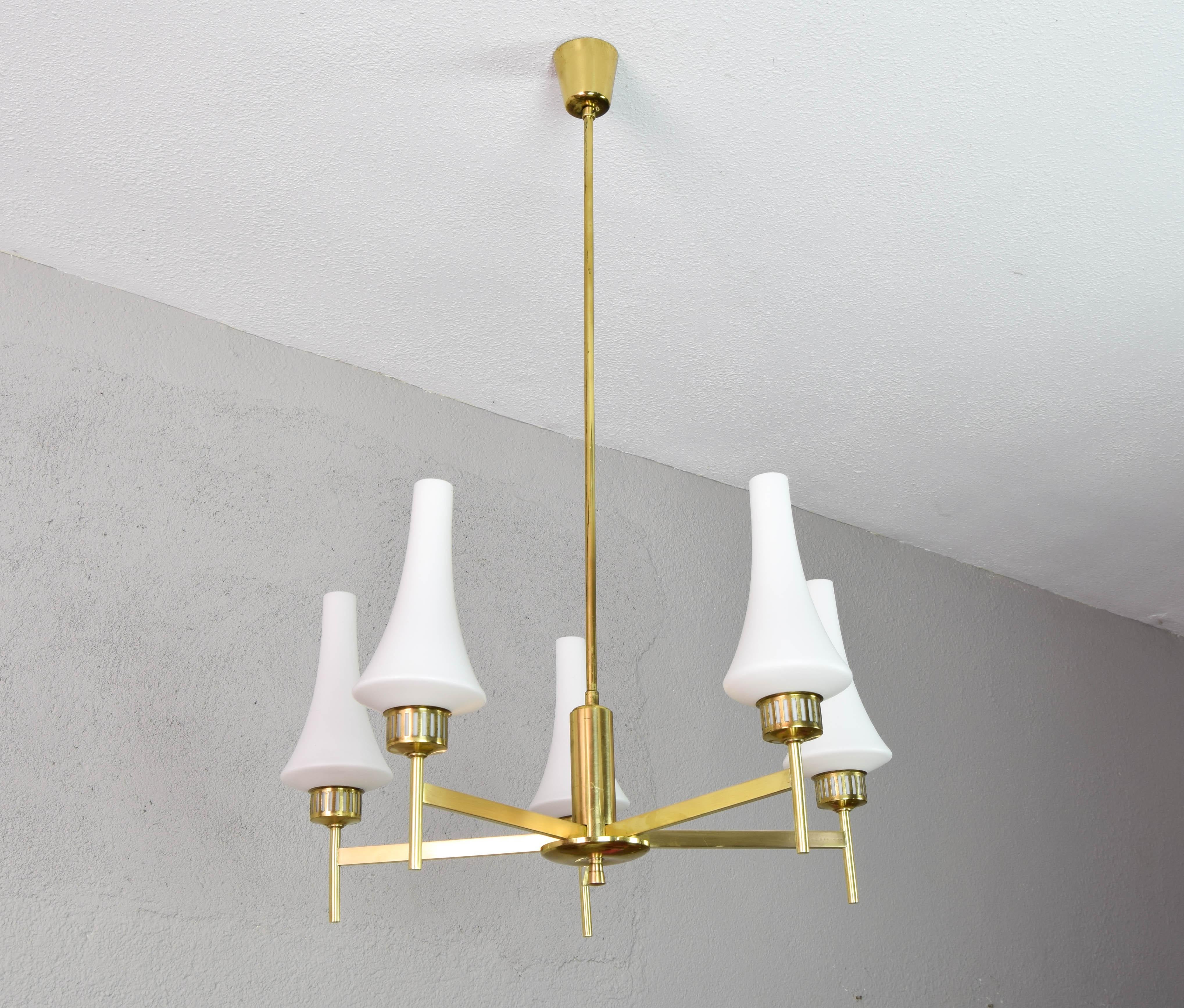 20th Century Mid-Century Scandinavian Modern Brass and Opaline Table Lamps and Chandelier  For Sale