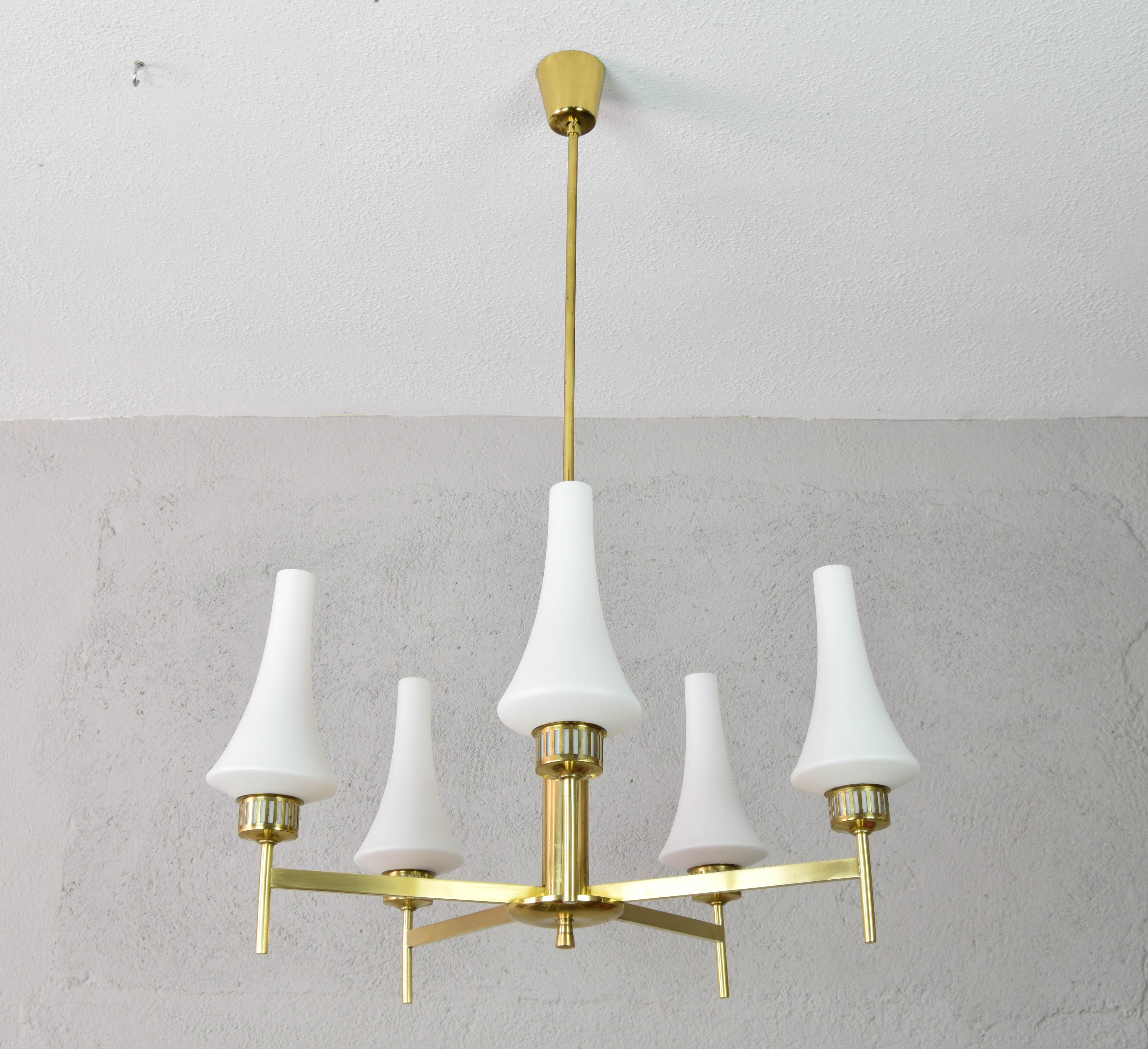 Mid-Century Scandinavian Modern Brass and Opaline Table Lamps and Chandelier  For Sale 2