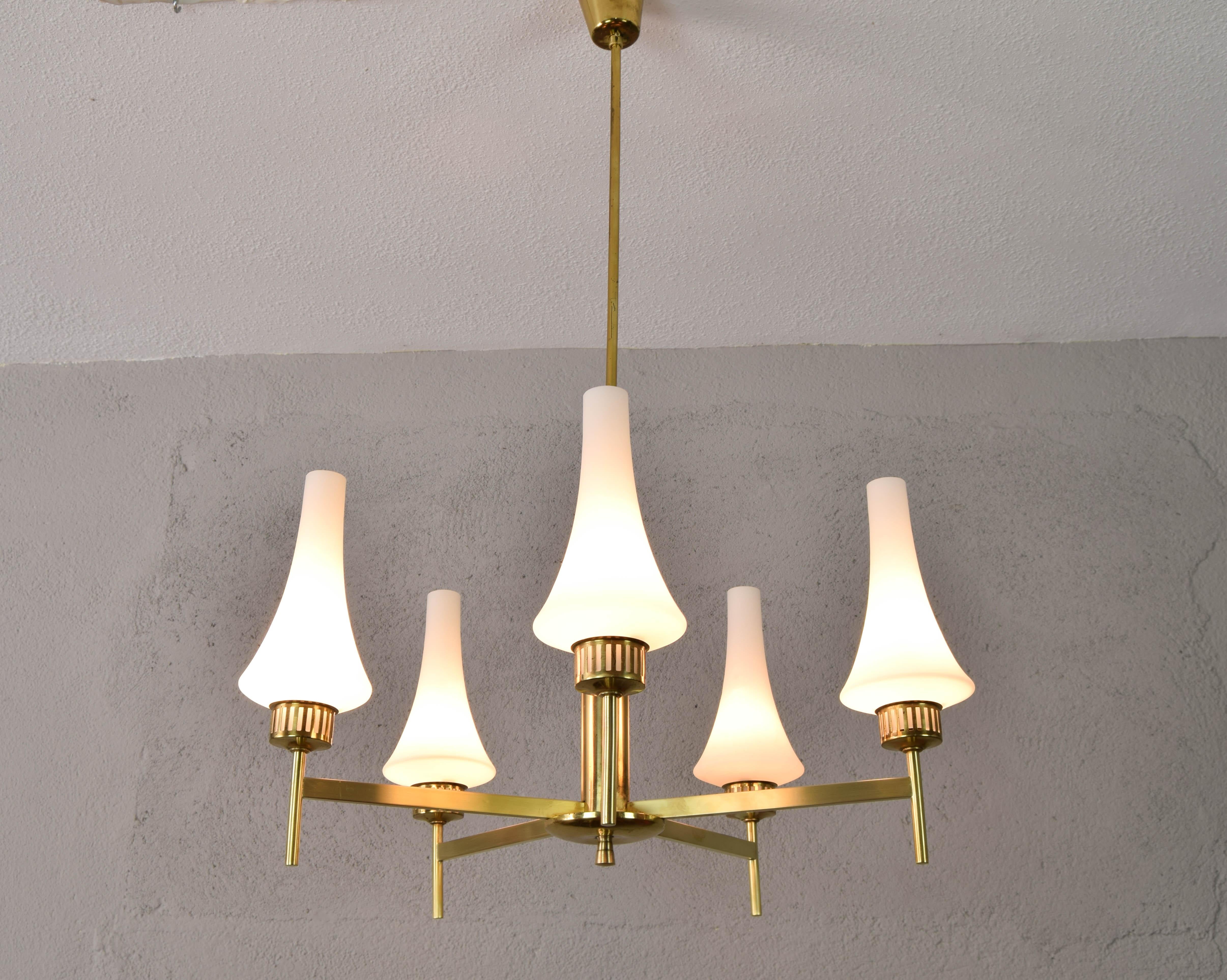 Mid-Century Scandinavian Modern Brass and Opaline Table Lamps and Chandelier  For Sale 3
