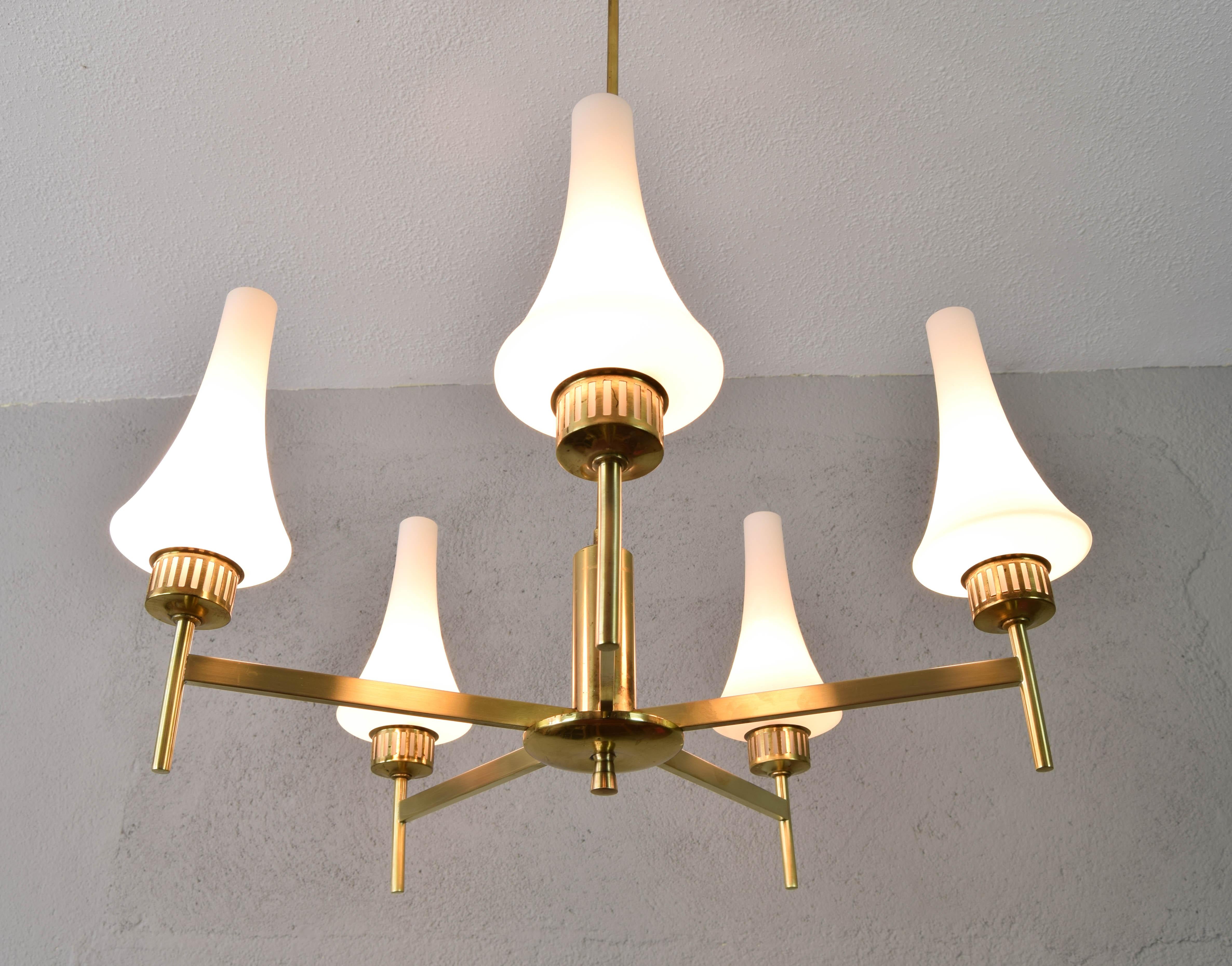 Mid-Century Scandinavian Modern Brass and Opaline Table Lamps and Chandelier  For Sale 4