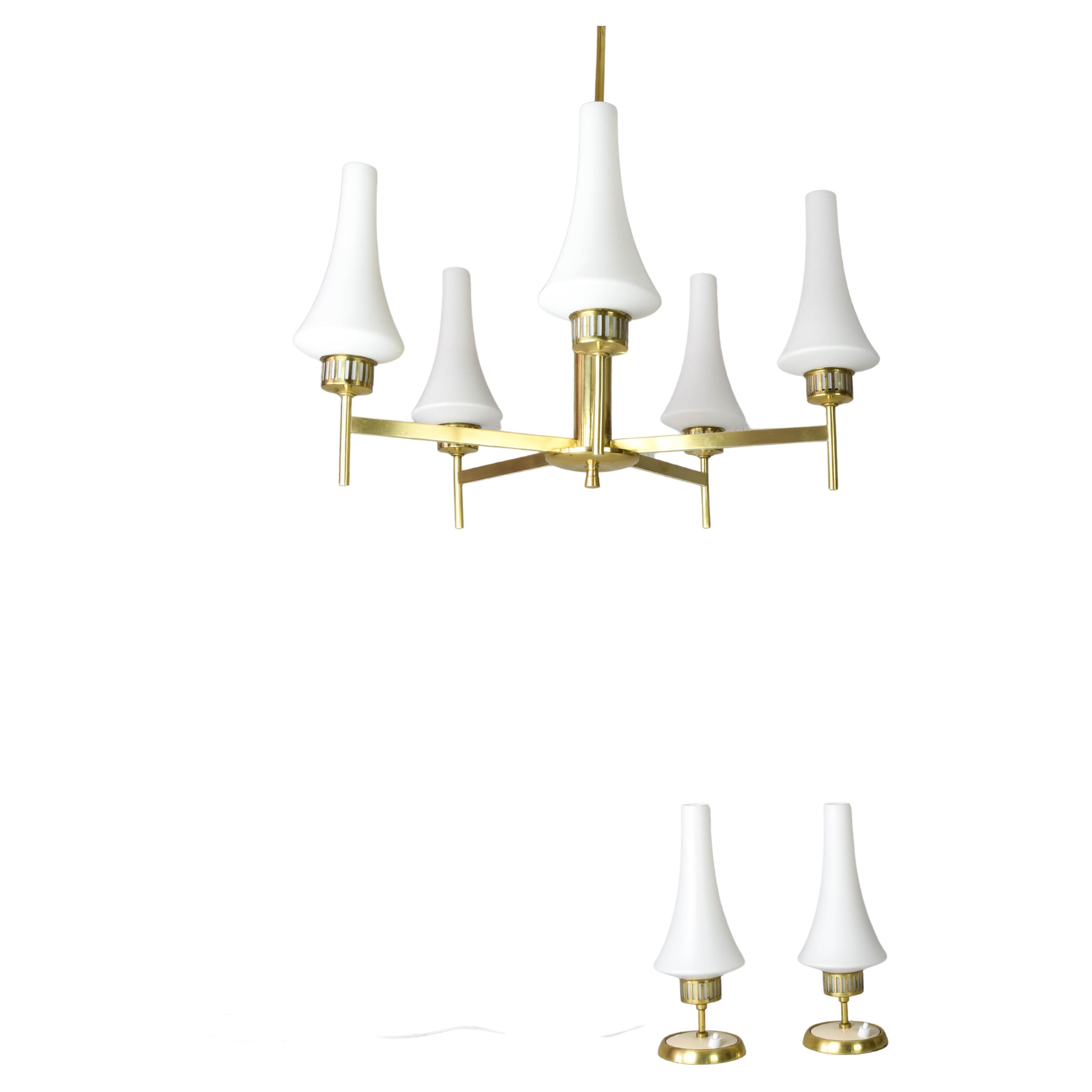 Mid-Century Scandinavian Modern Brass and Opaline Table Lamps and Chandelier  For Sale