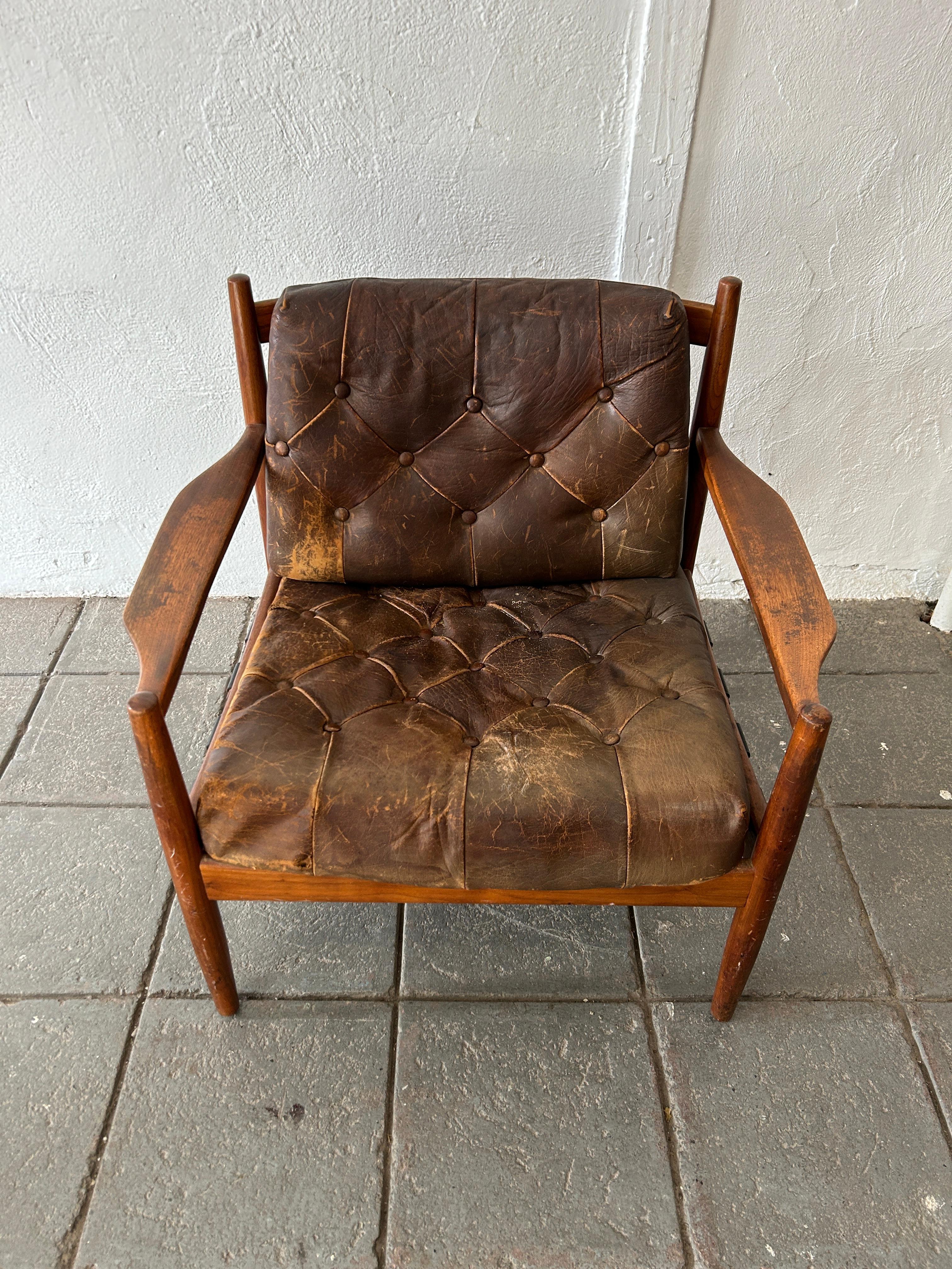 Mid-Century Modern Midcentury Scandinavian Modern Brown Leather Lounge Chair by Ingemar Thillmark For Sale