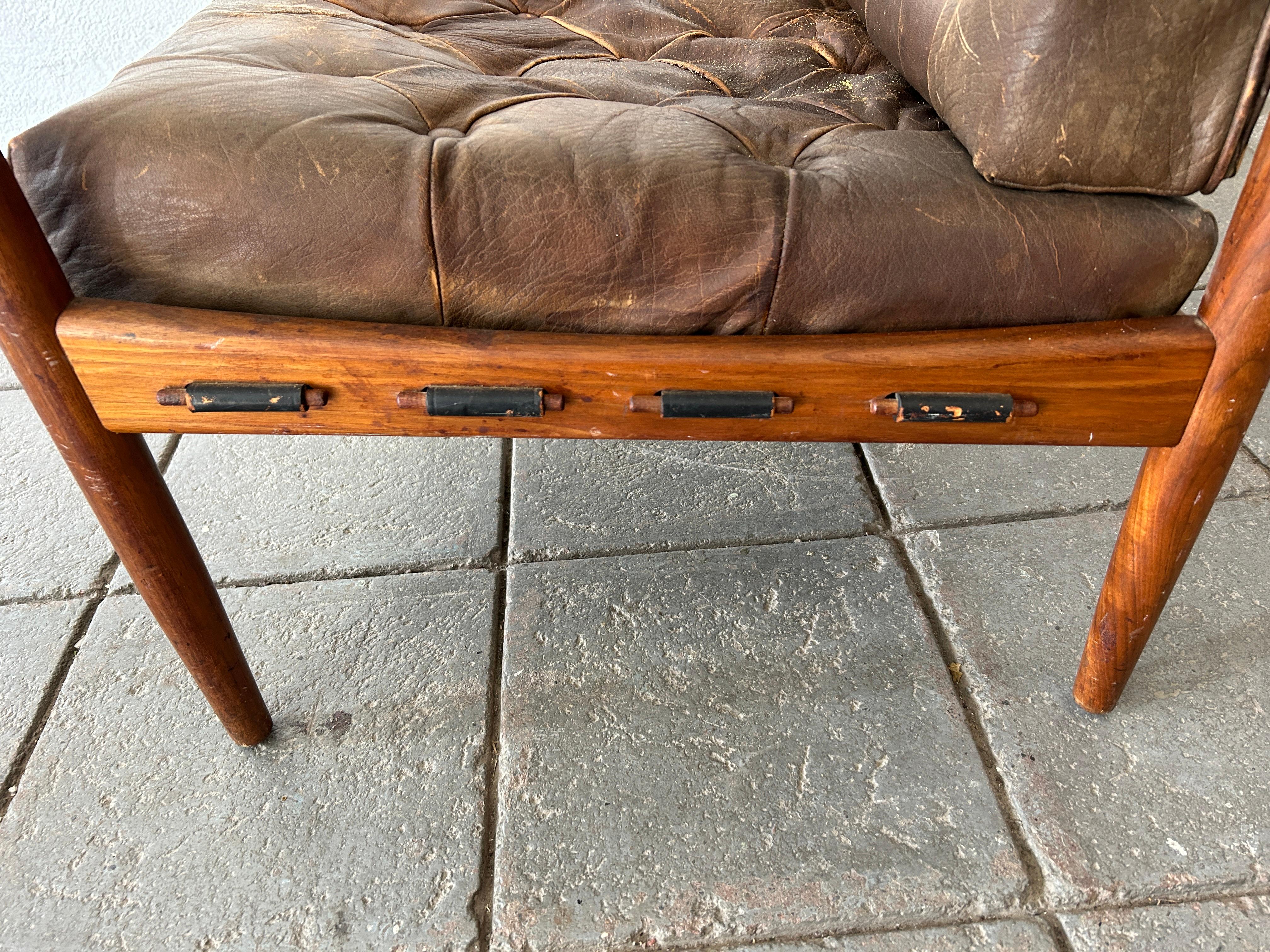 Woodwork Midcentury Scandinavian Modern Brown Leather Lounge Chair by Ingemar Thillmark For Sale