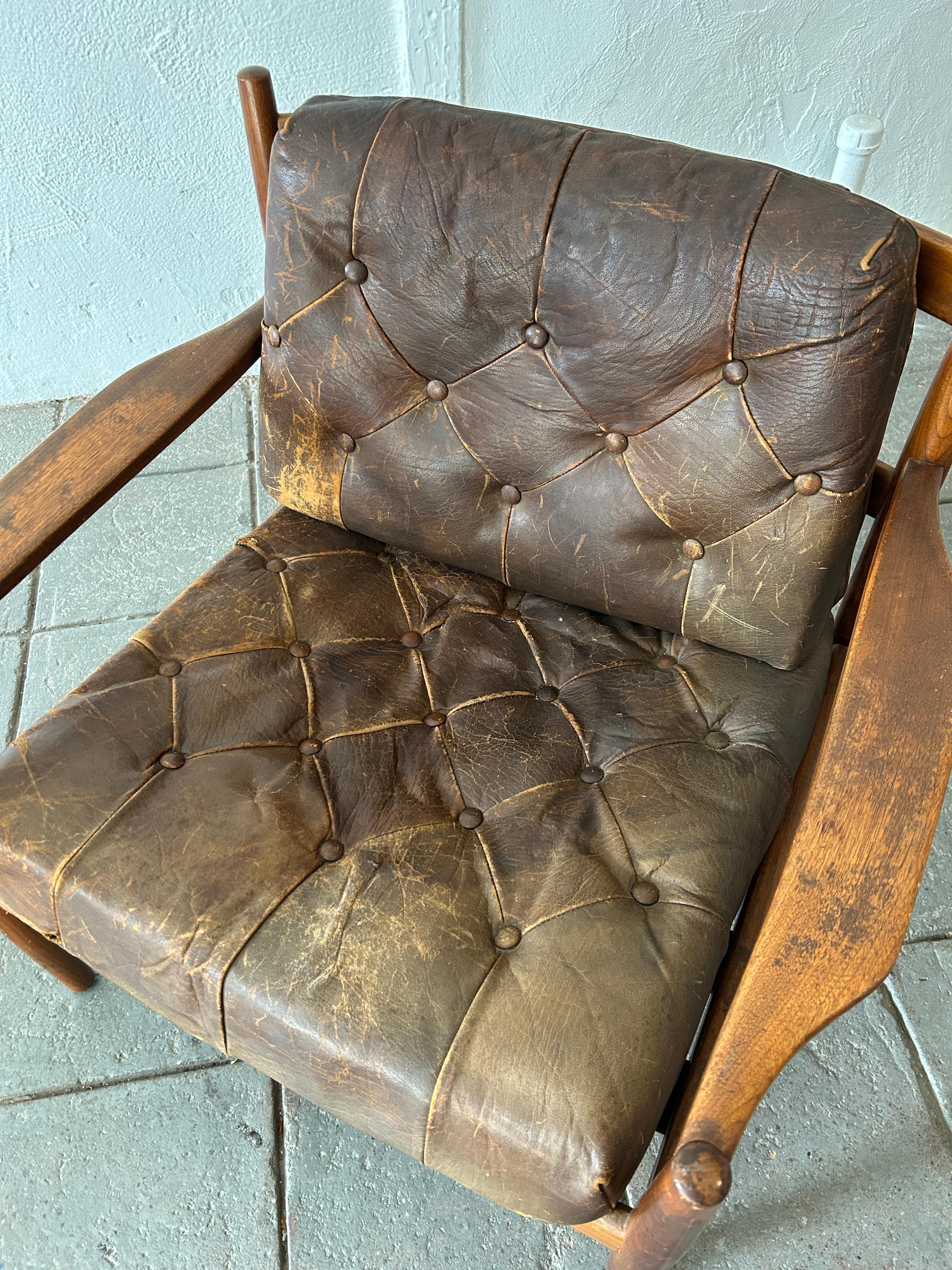 Midcentury Scandinavian Modern Brown Leather Lounge Chair by Ingemar Thillmark For Sale 1